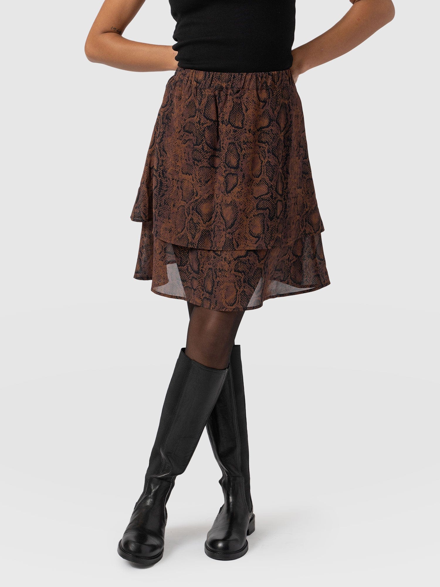 Etta Layered Mini Skirt Brown Snake - Women's Skirts | Saint + Sofia® UK