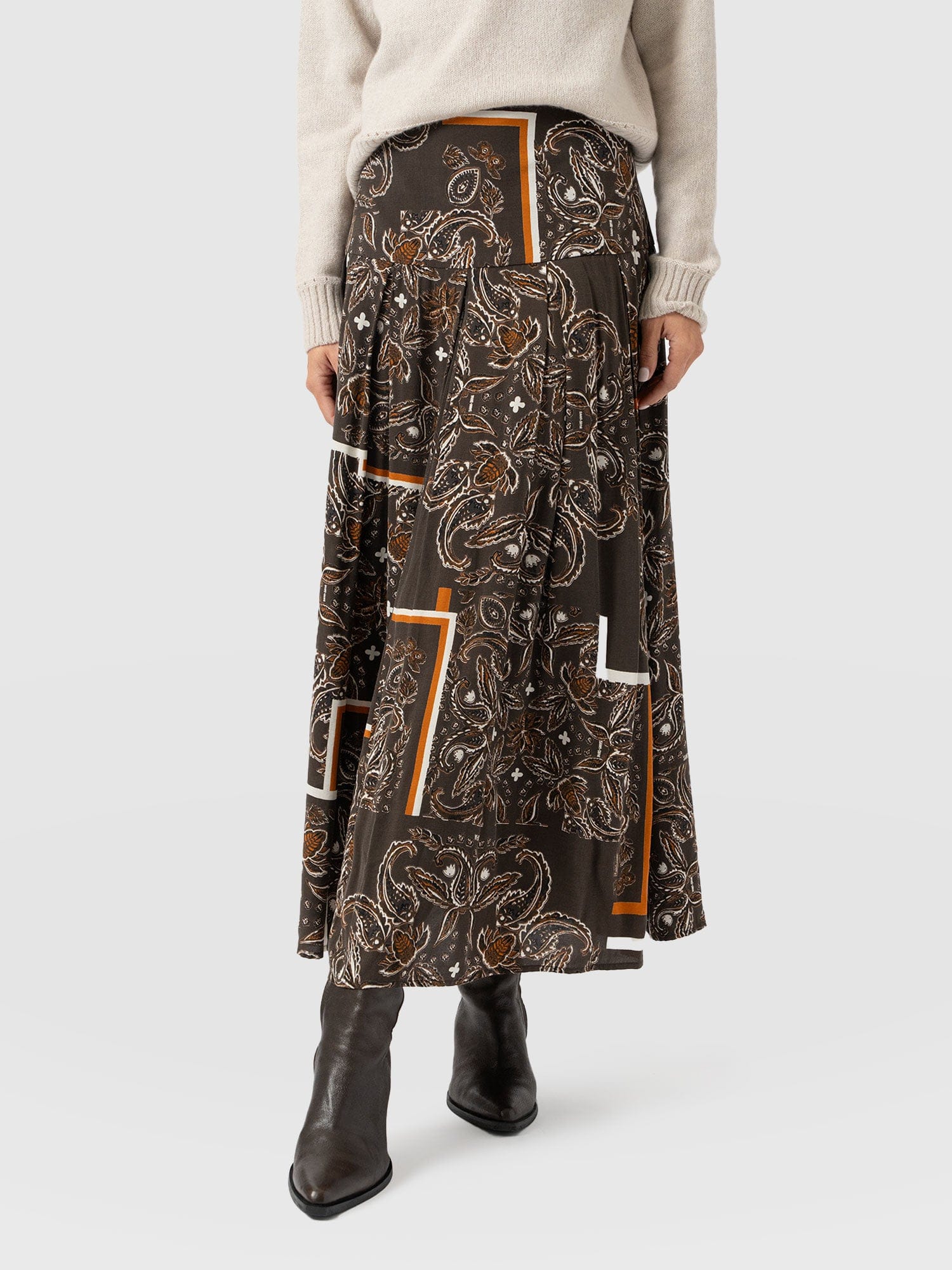 Everly Pleated Skirt - Brown Paisley - Women's Skirts | Saint + Sofia? UK