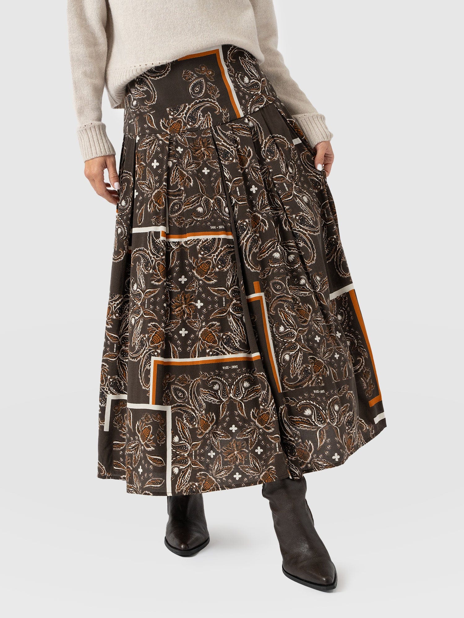 Everly Pleated Skirt - Brown Paisley - Women's Skirts | Saint + Sofia? UK