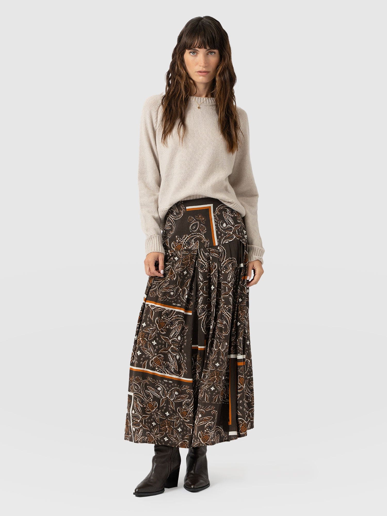 Everly Pleated Skirt - Brown Paisley - Women's Skirts | Saint + Sofia? UK