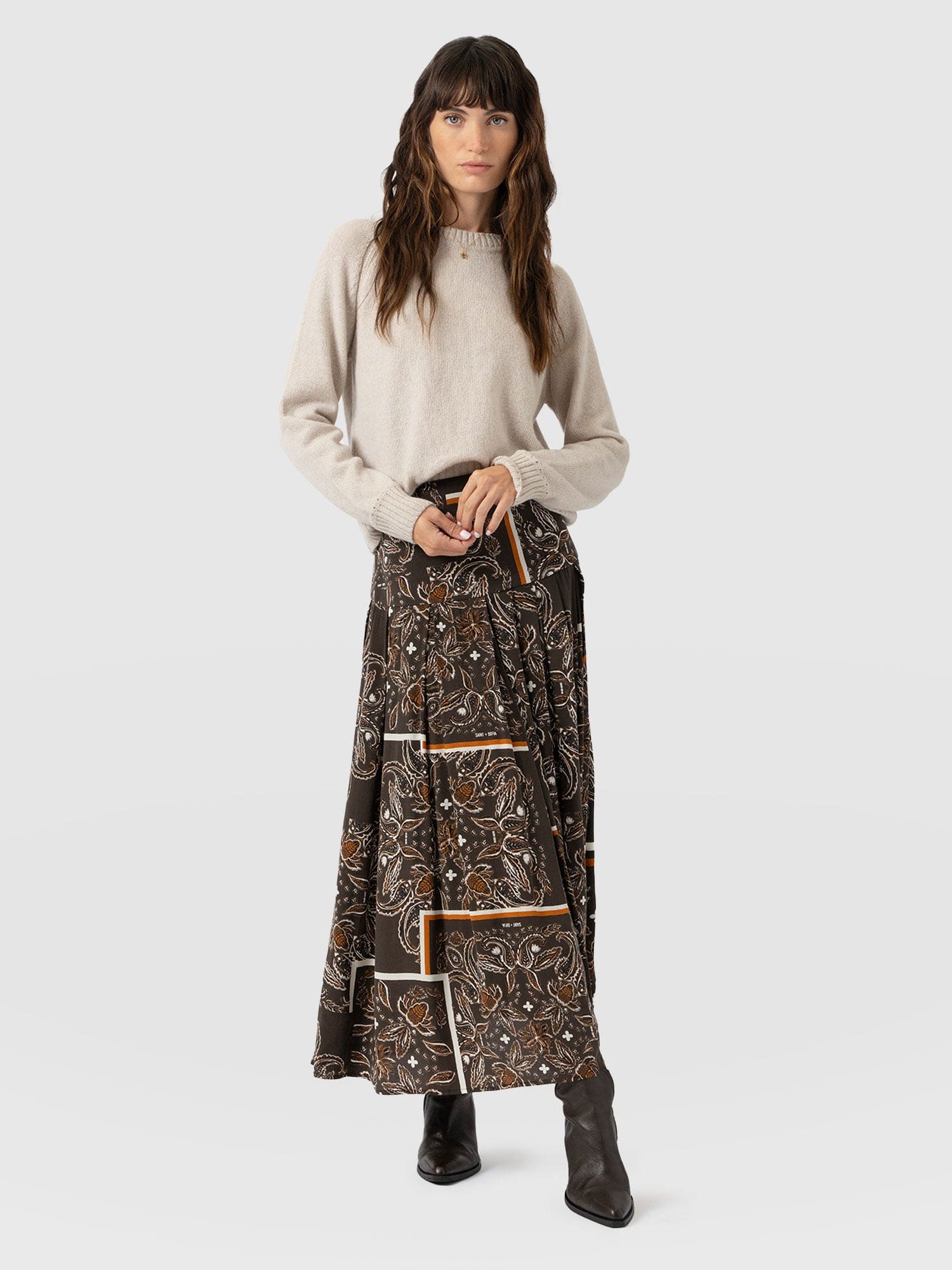 Everly Pleated Skirt - Brown Paisley - Women's Skirts | Saint + Sofia? UK