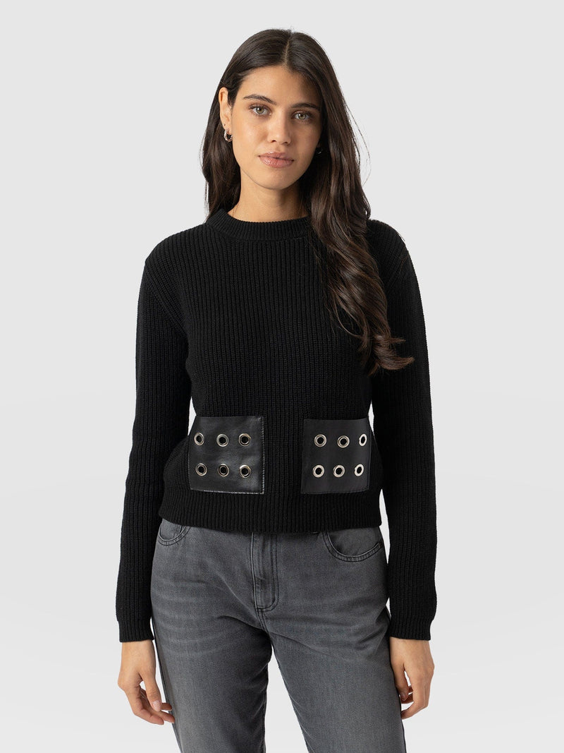 Eyelet Rib Knit Jumper - Black