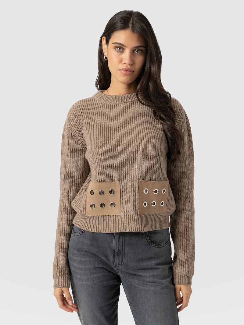 Eyelet Rib Knit Jumper - Mocha