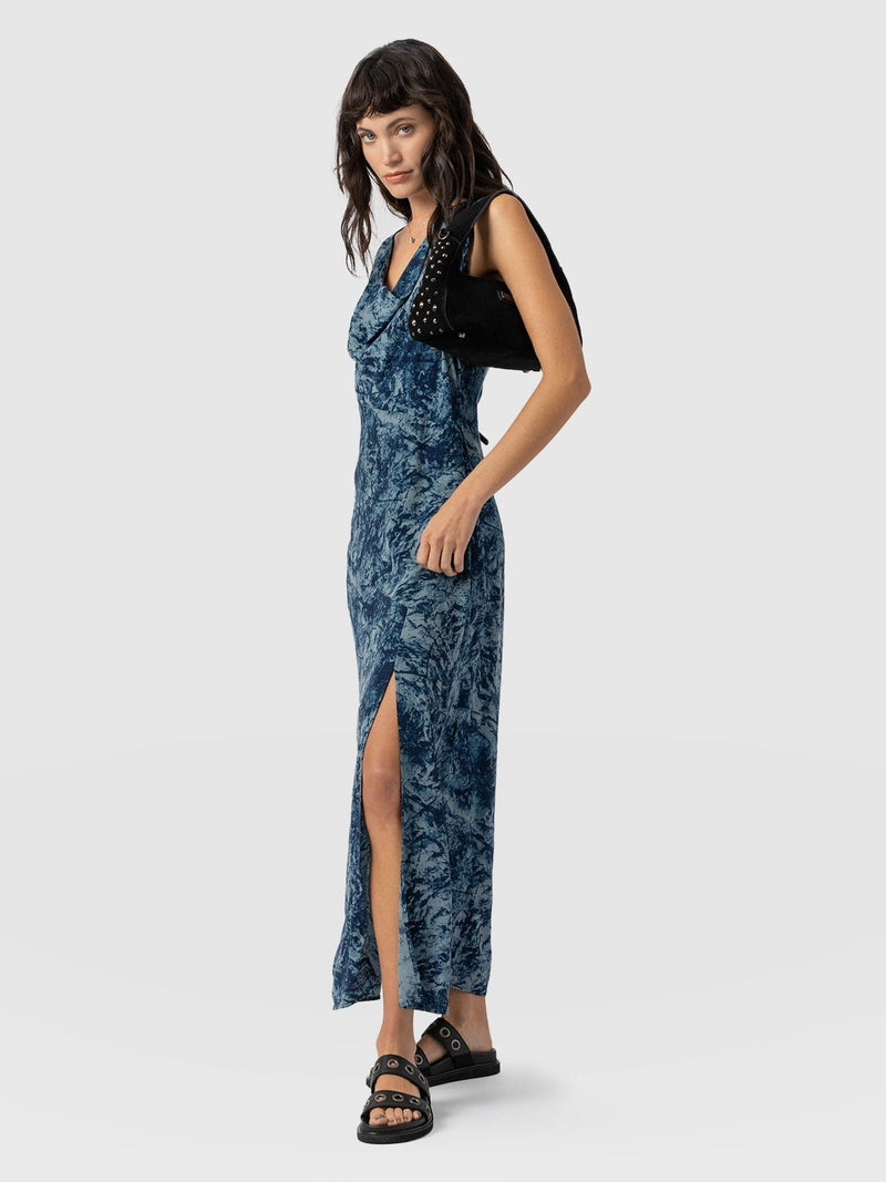 Faye Cowl Neck Dress - Blue Marble