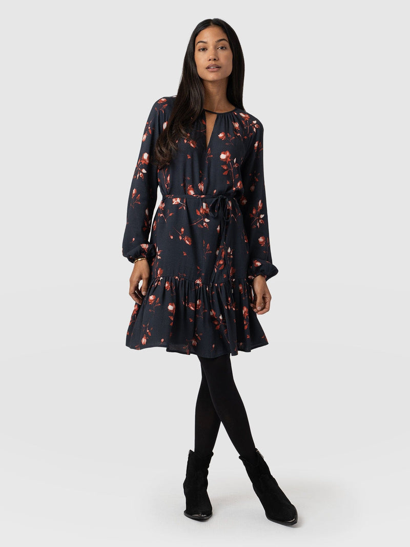 Fia Mini Tiered Dress - Dark Roses