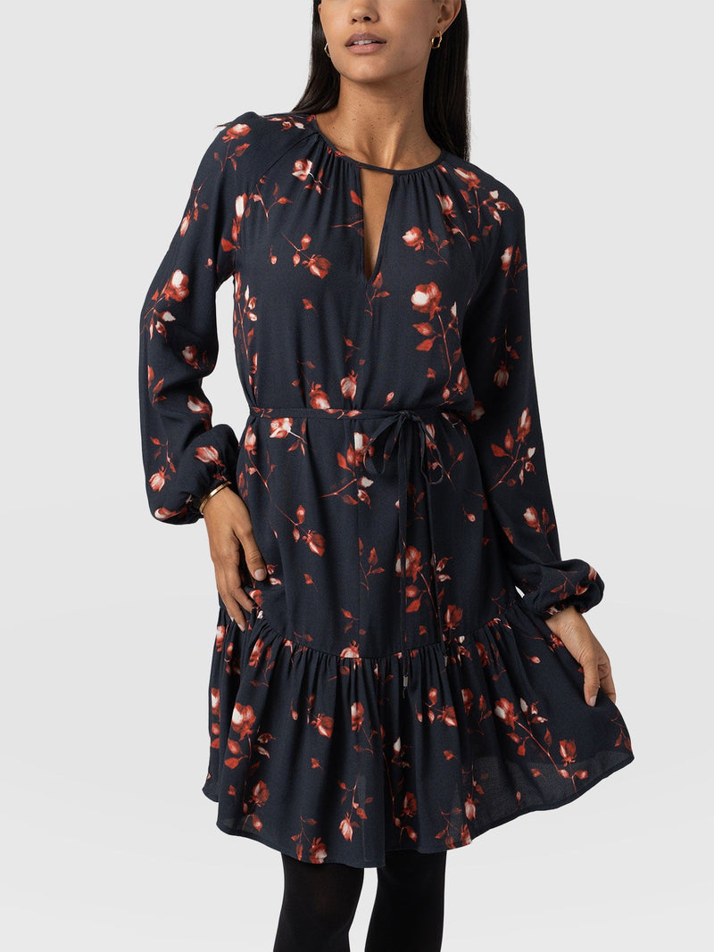 Fia Mini Tiered Dress - Dark Roses