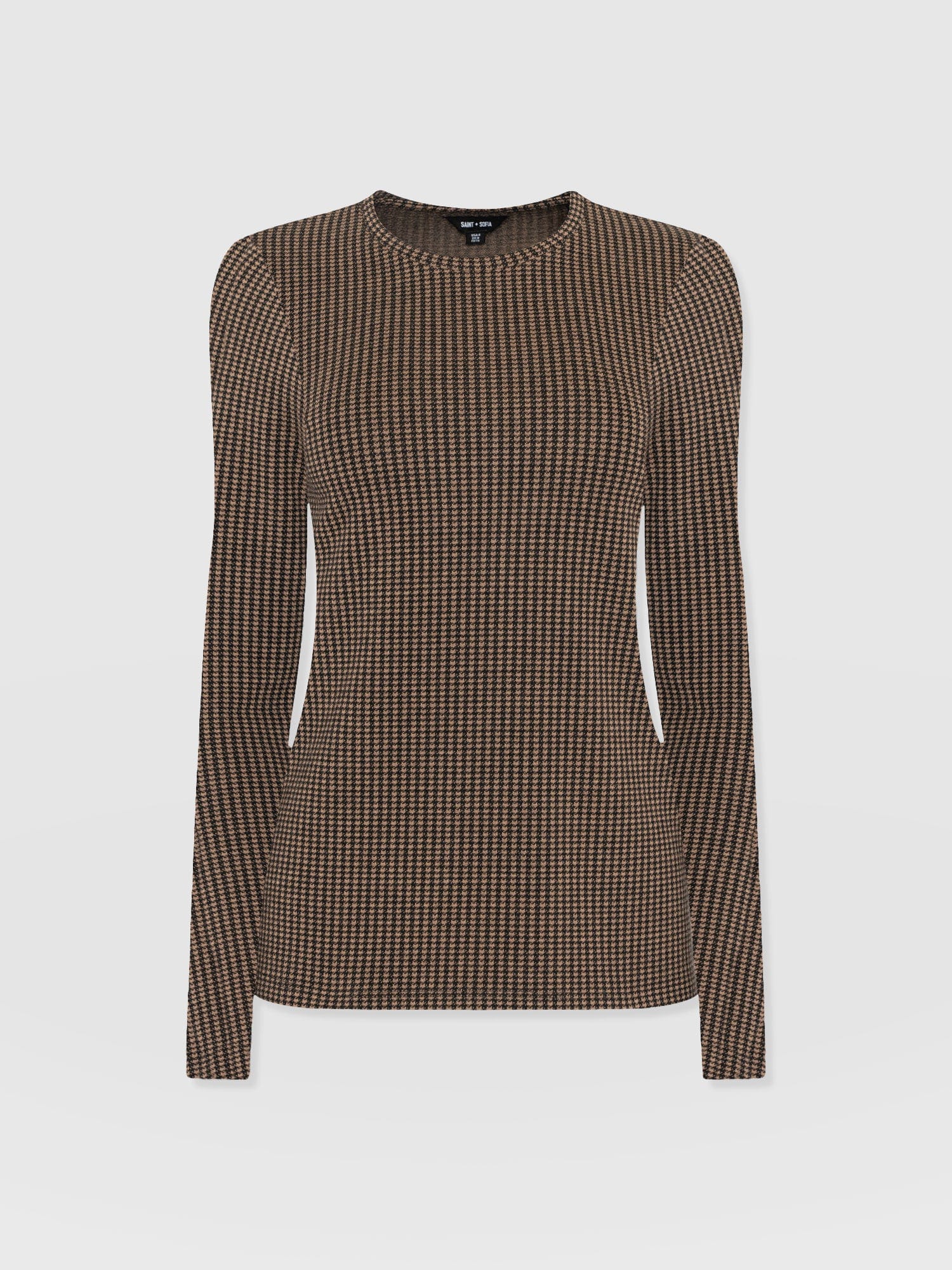 Glen Crew Neck Tee Long Sleeve - Brown Mini Houndstooth - Women's T-shirts | Saint + Sofia® UK