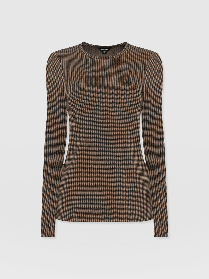 Glen Crew Neck Tee Long Sleeve - Brown Mini Houndstooth - Women's T-shirts | Saint + Sofia® UK