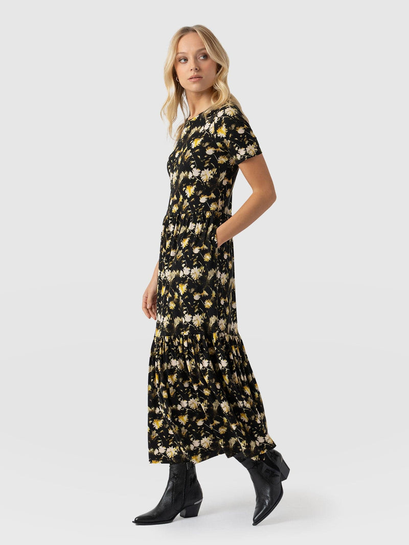 Greenwich Dress Short Sleeve - Black Daisy Floral