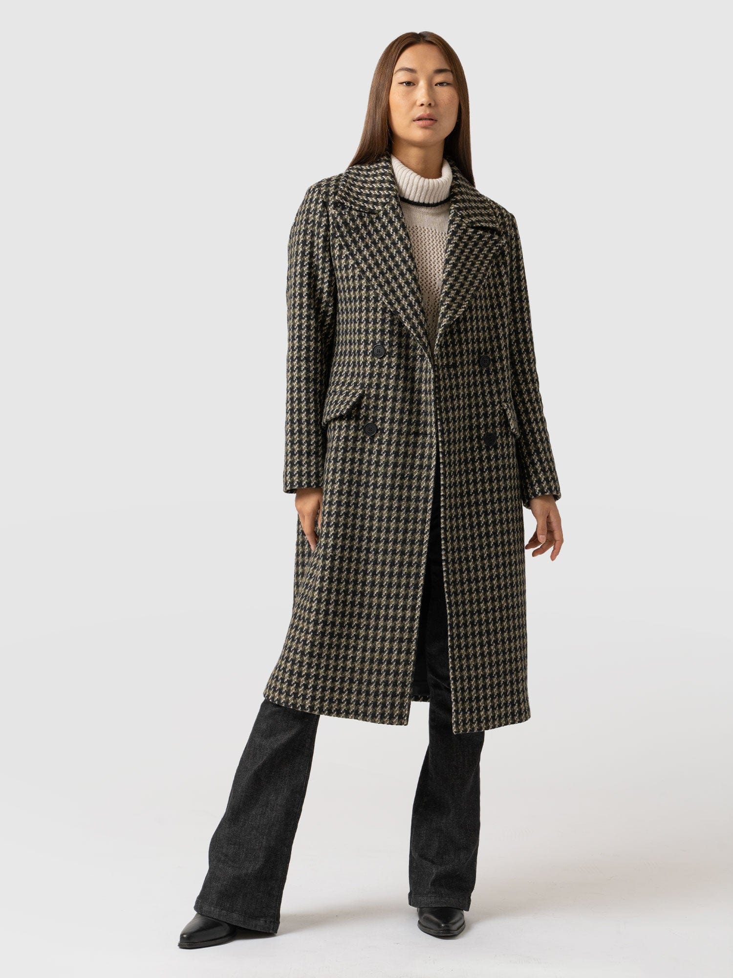 Hampton Coat - Olive Houndstooth