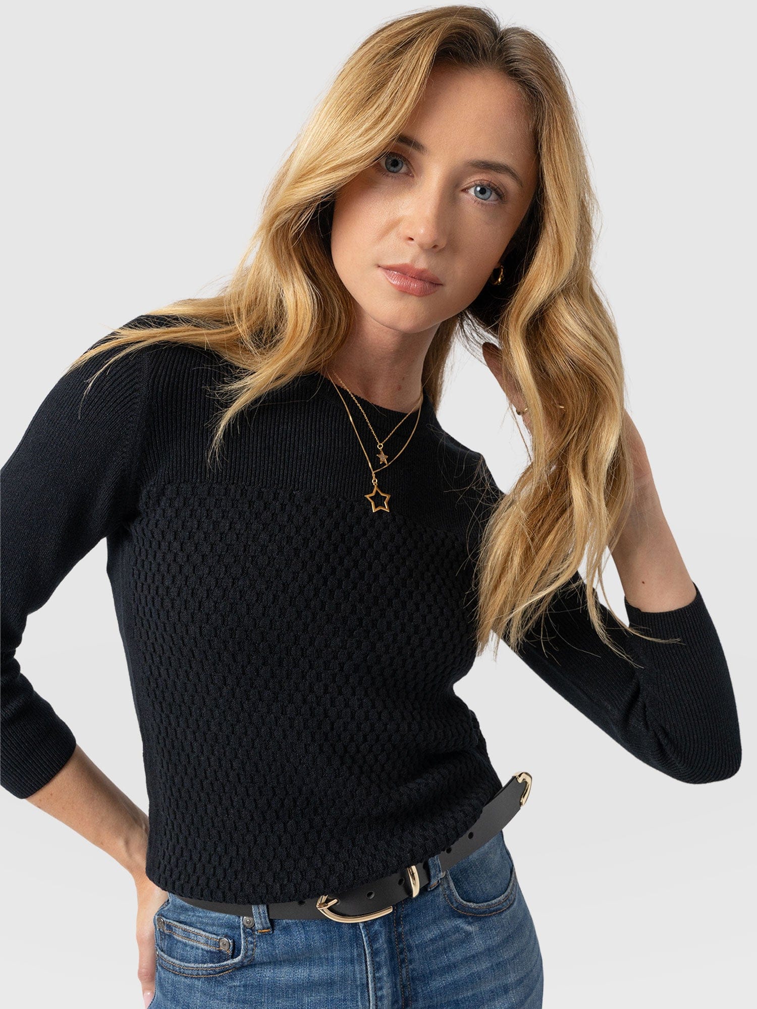 Honeycomb Rib Jumper Black - Women's Jumpers | Saint + Sofia® UK