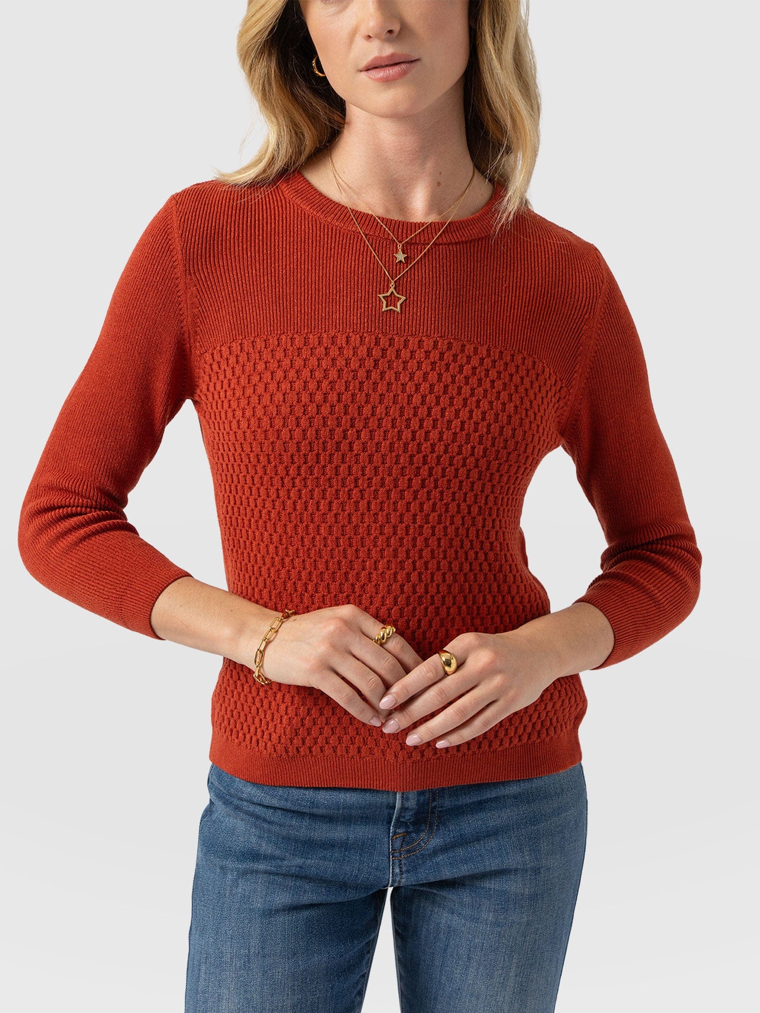 Honeycomb Rib Jumper Orange - Women's Jumpers | Saint + Sofia® UK