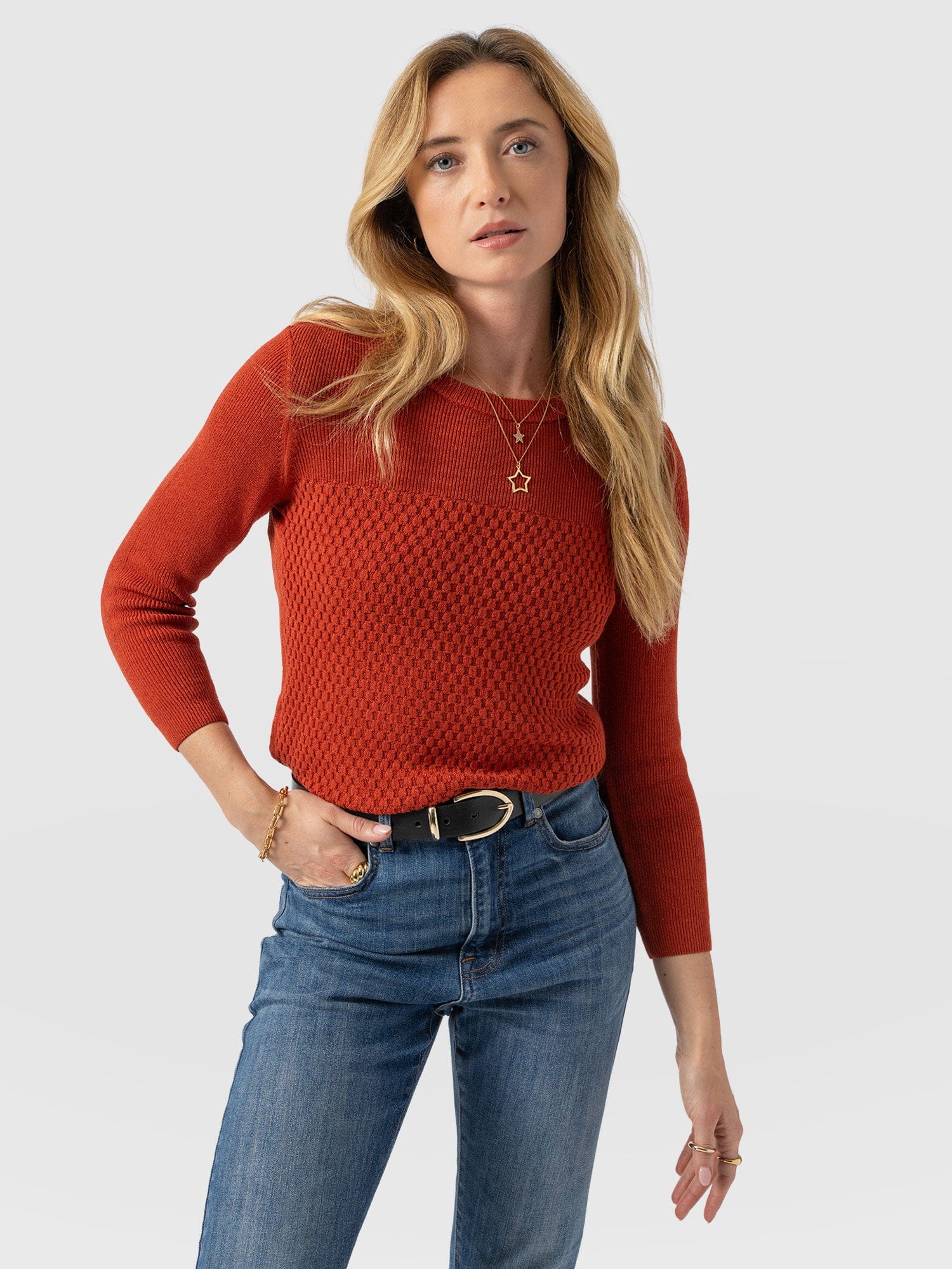 Honeycomb Rib Jumper Orange - Women's Jumpers | Saint + Sofia® UK