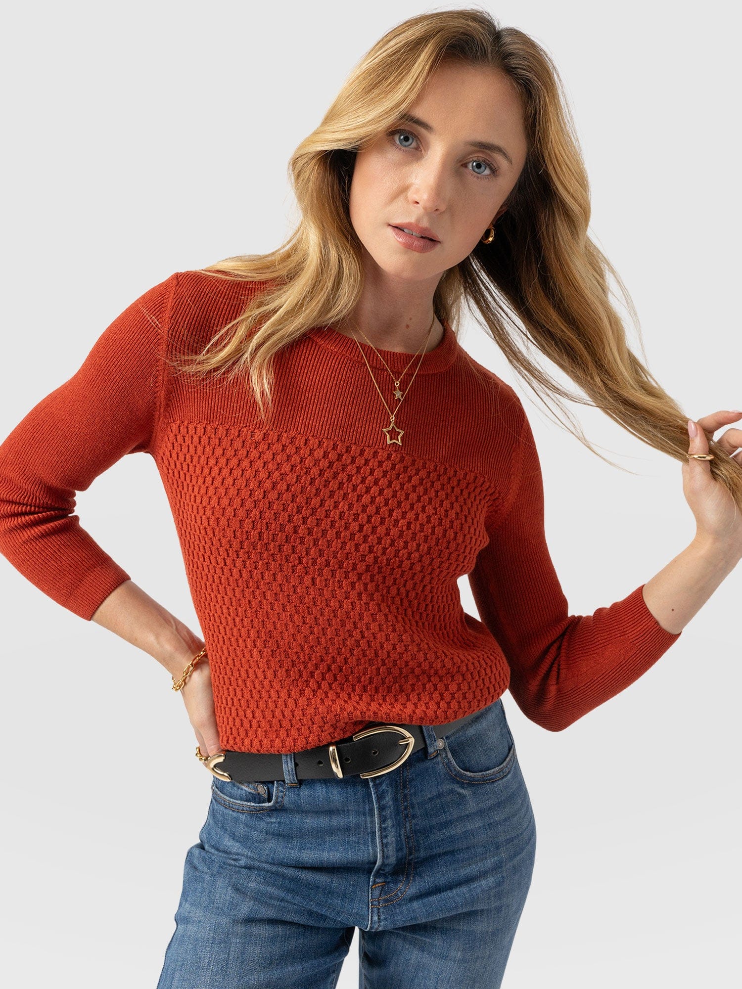 Honeycomb Rib Jumper Orange - Women's Jumpers | Saint + Sofia® UK