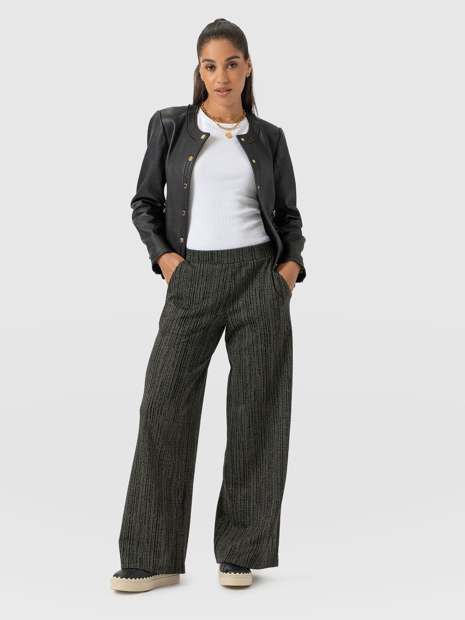 Keller Wide Leg Pant Green Texture - Women's Trousers | Saint + Sofia® UK