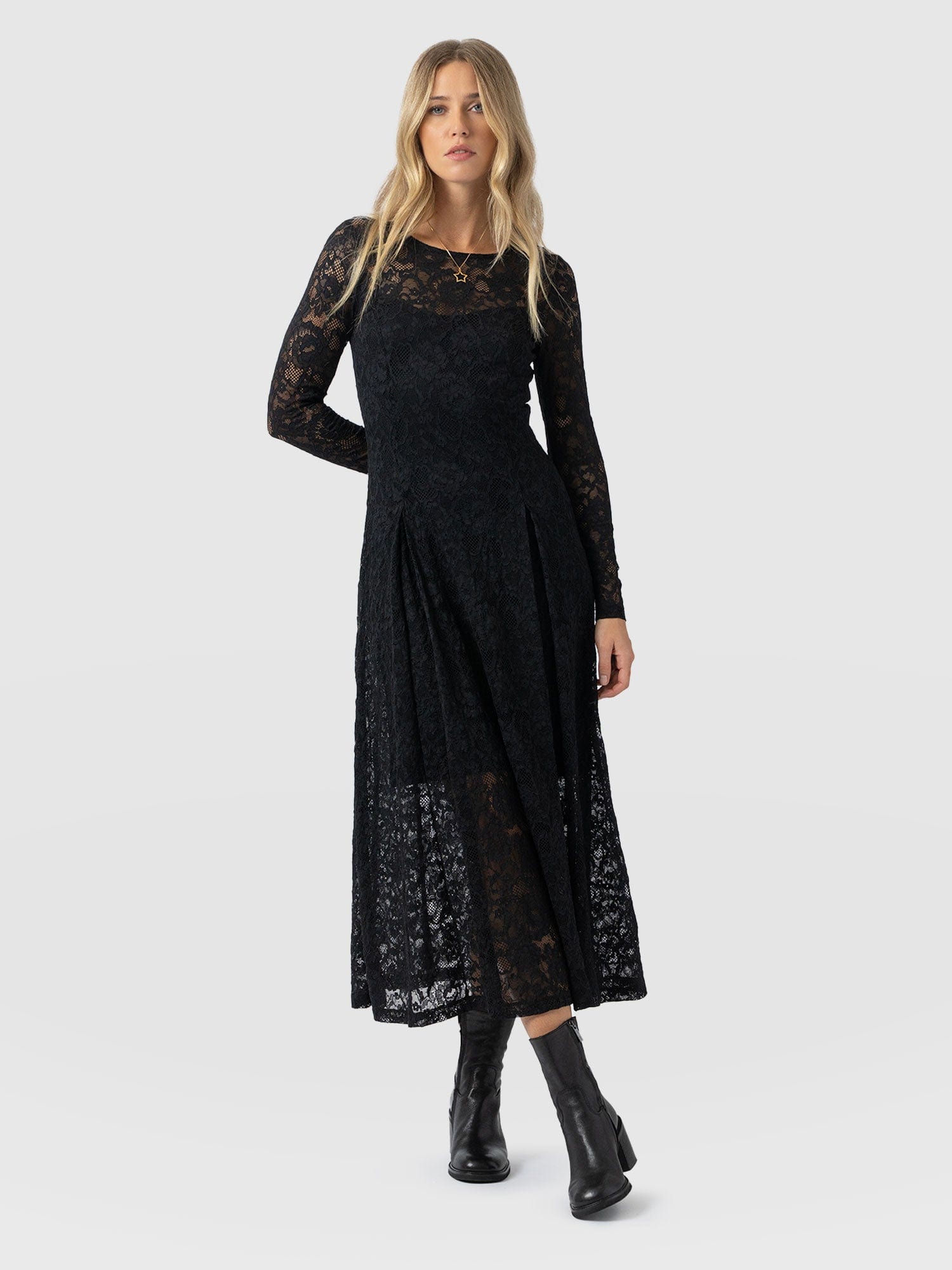 Lana Pleated Dress - Black Lace