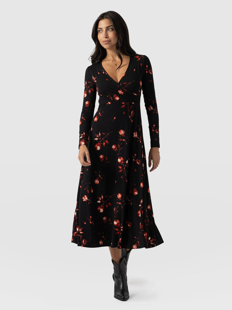 Maggie Wrap Midi Dress - Dark Roses