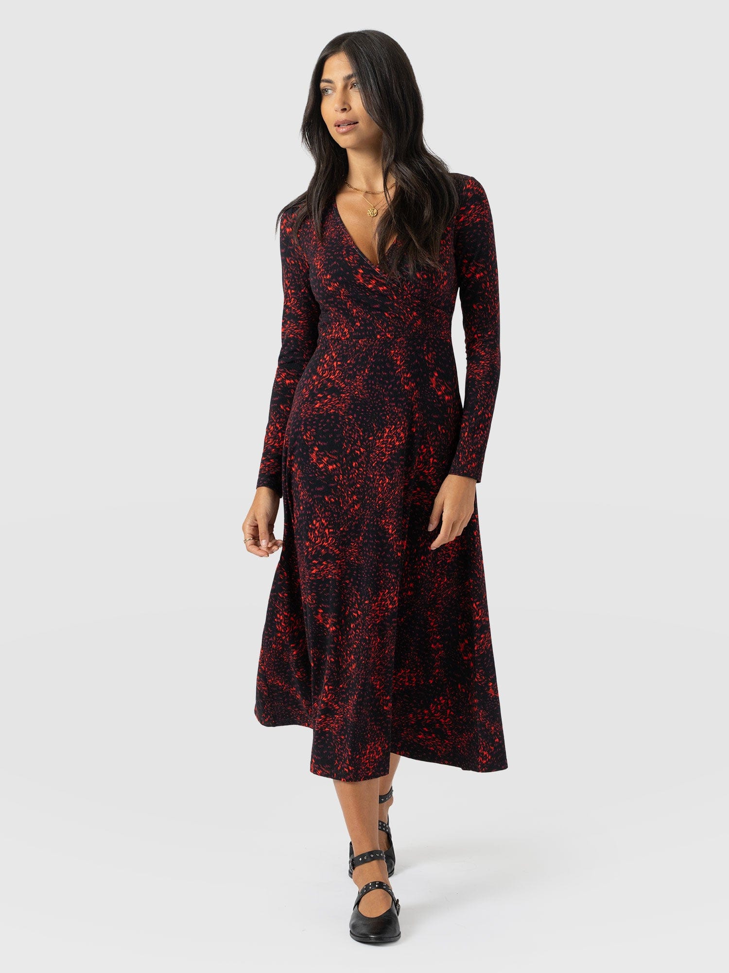 Maggie Wrap Midi Dress - Red Fade Spot