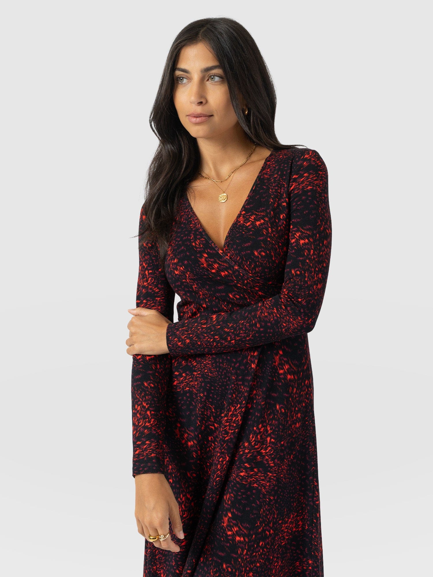 Maggie Wrap Midi Dress - Red Fade Spot