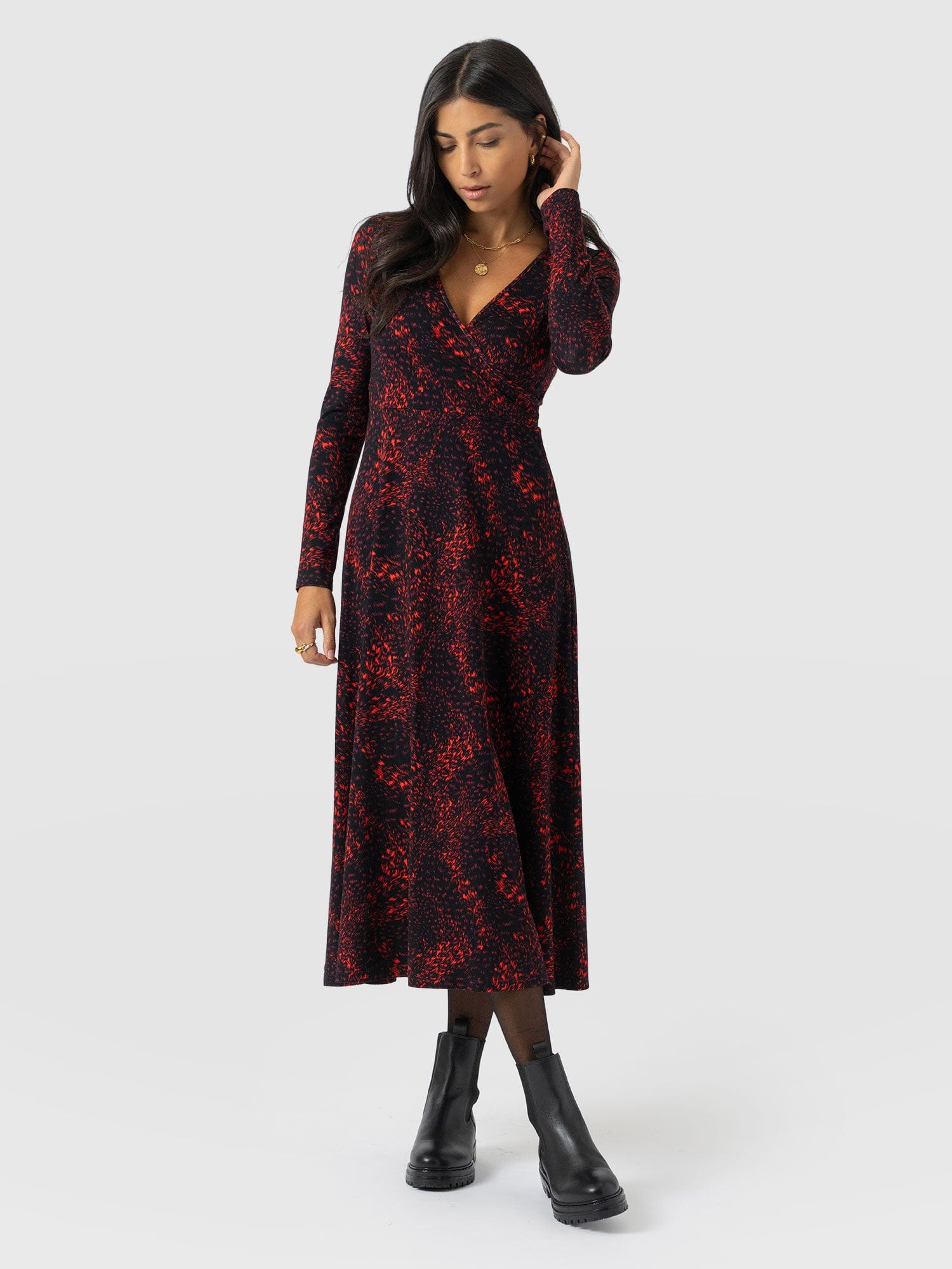 Maggie Wrap Midi Dress - Red Fade Spot