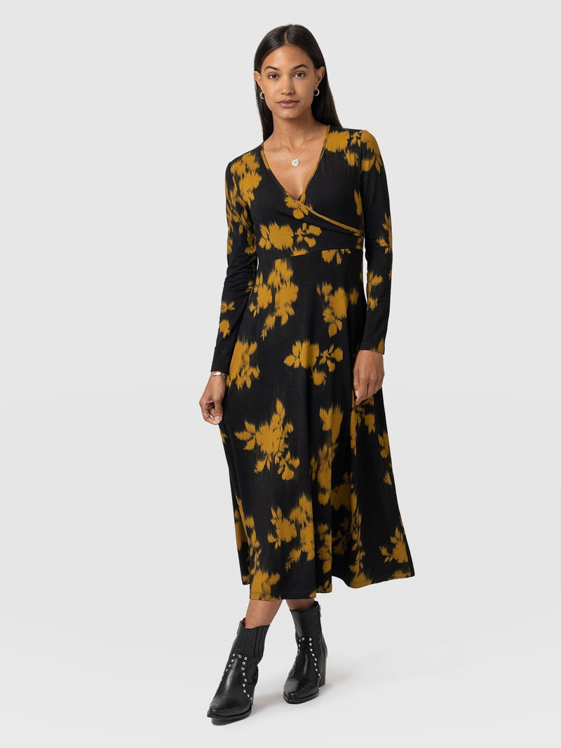 Maggie Wrap Midi Dress - Yellow Fade Floral