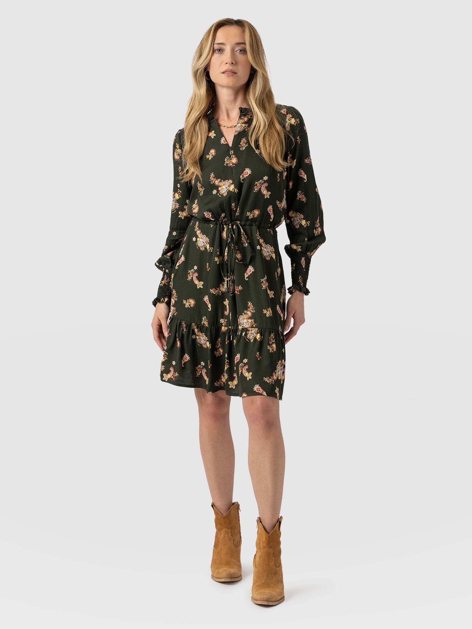 Mini Olivia Zip Up Dress Khaki Paisley - Women's Dresses | Saint + Sofia® UK