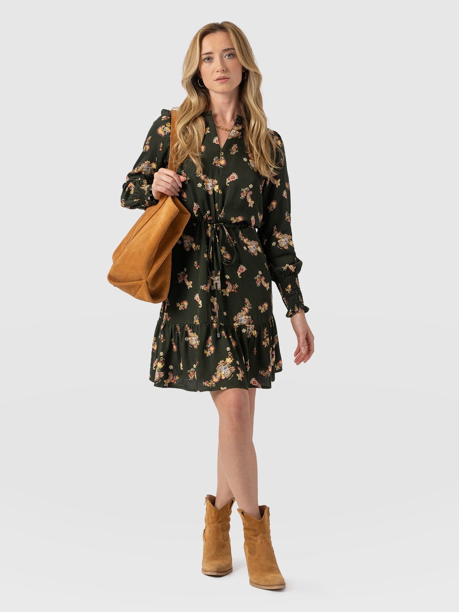 Mini Olivia Zip Up Dress Khaki Paisley - Women's Dresses | Saint + Sofia® UK