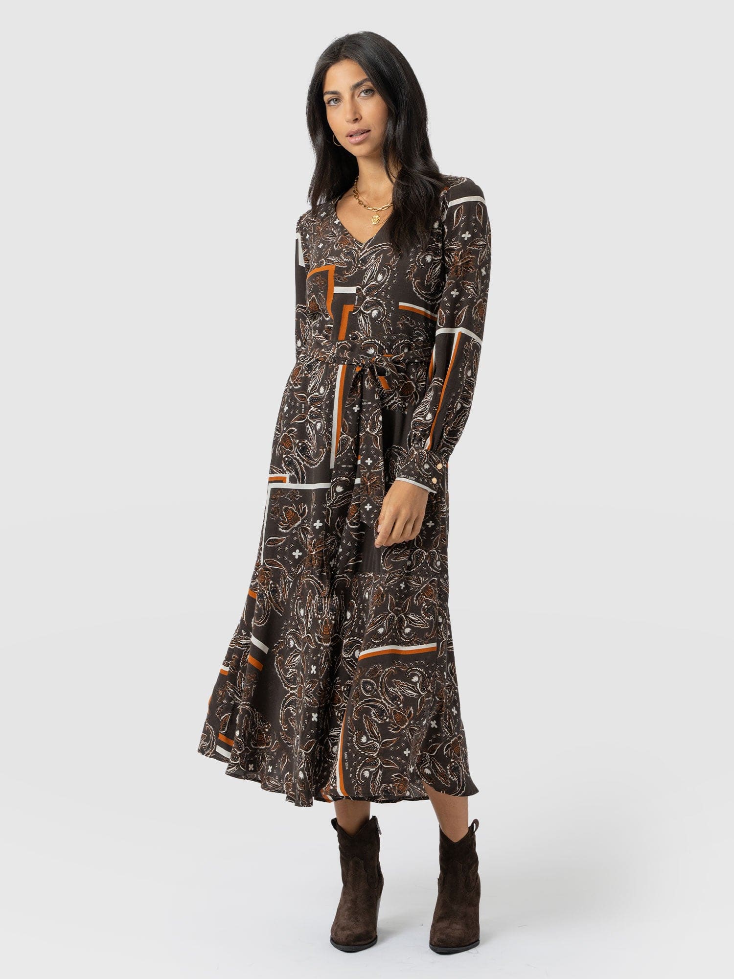 Allegra V Neck Dress - Brown Paisley - Women's Dresses | Saint + Sofia? UK