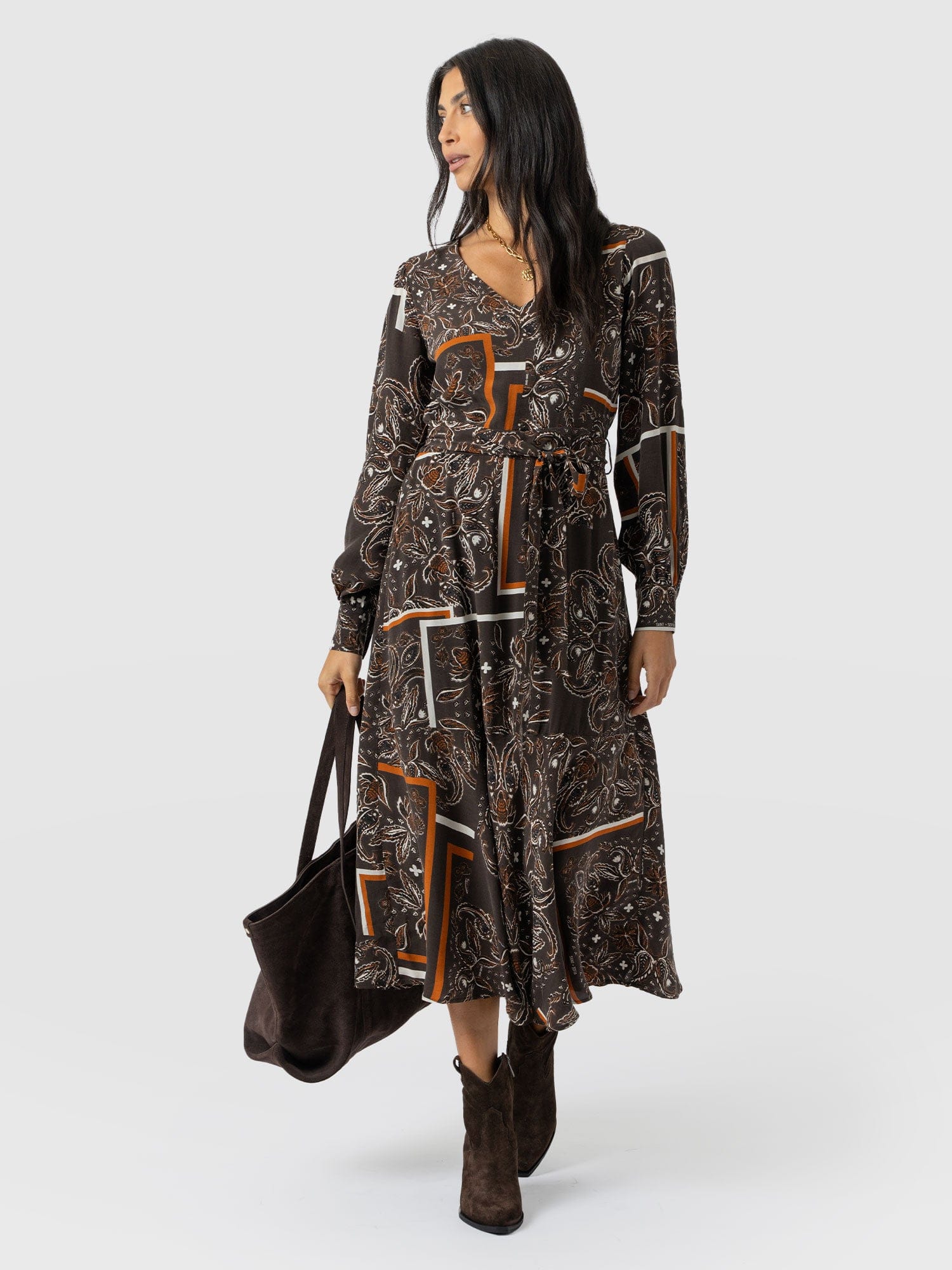 Allegra V Neck Dress - Brown Paisley - Women's Dresses | Saint + Sofia? UK