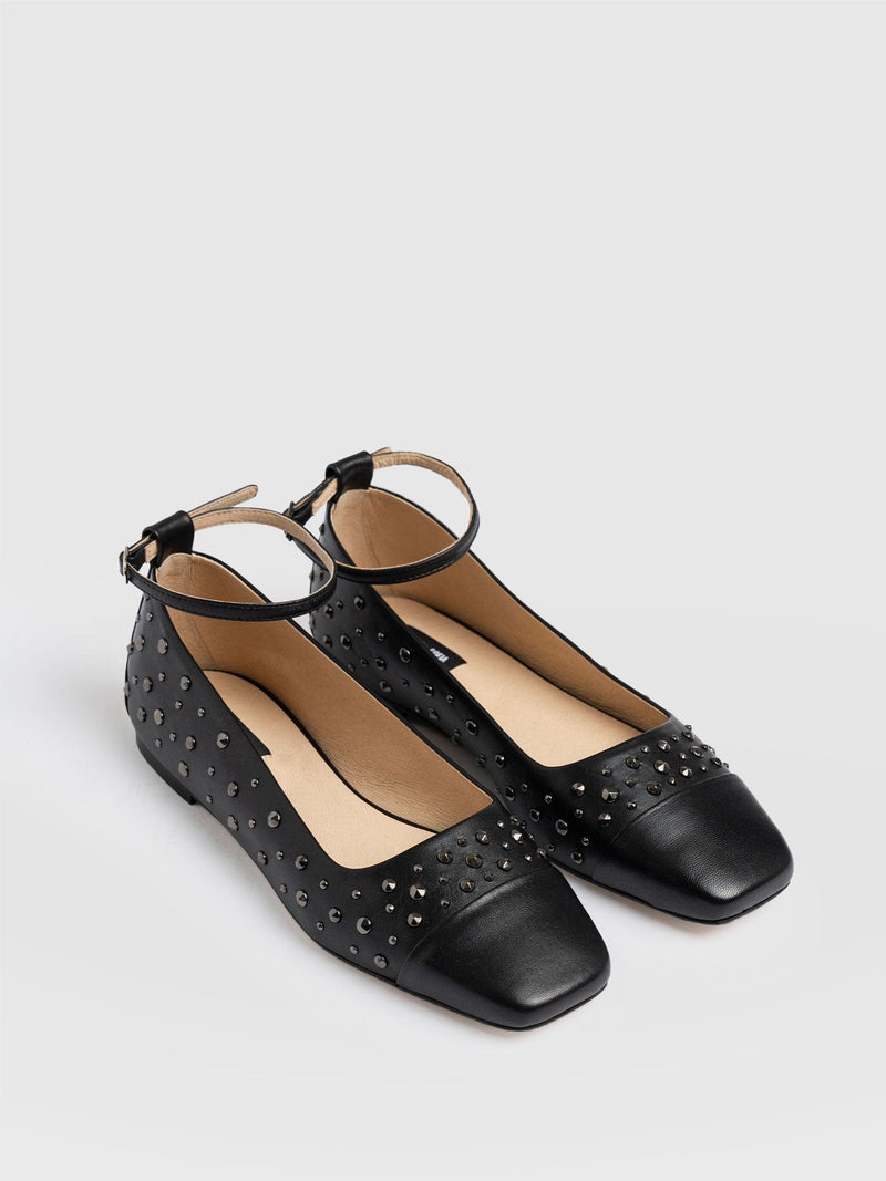 Ophelia Leather Ballerinas - Black Studded