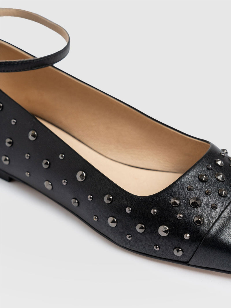 Ophelia Leather Ballerinas - Black Studded