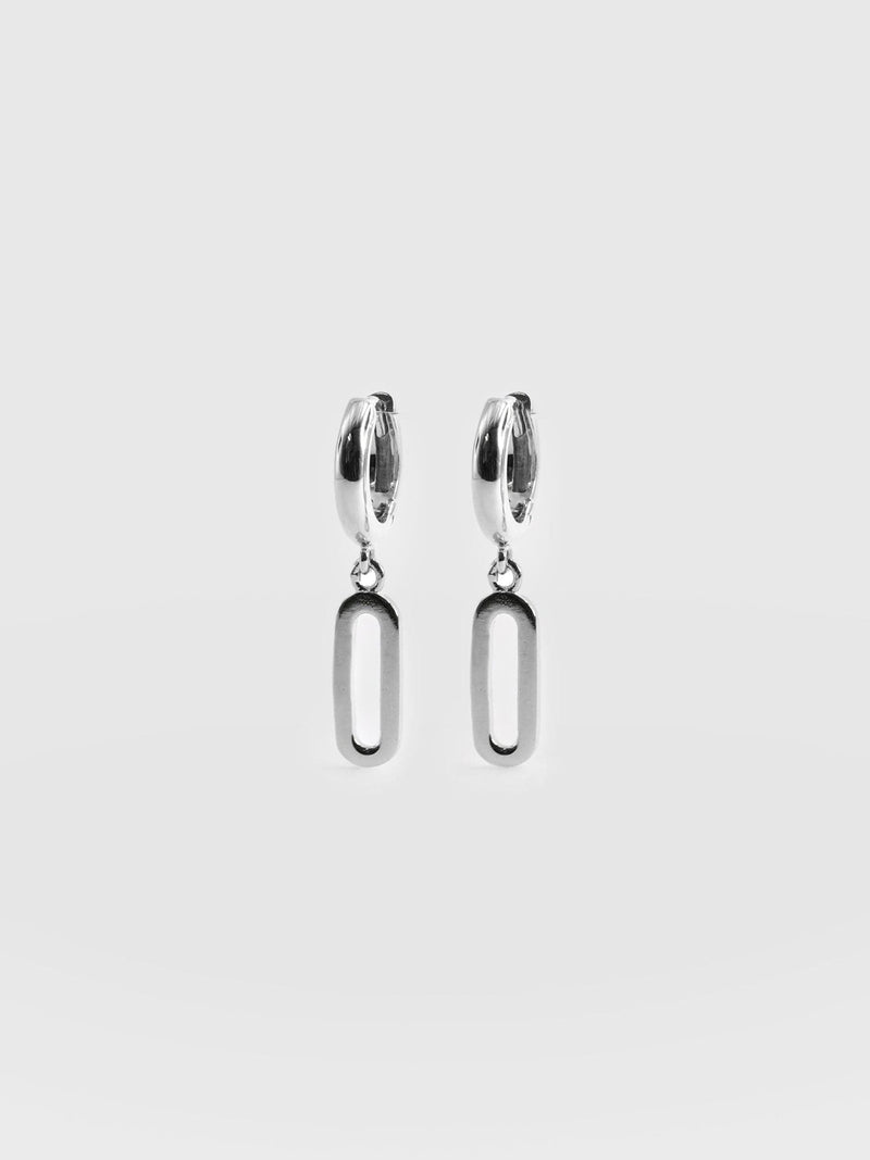 Oval Charm Drop Huggie Earrings - Silver