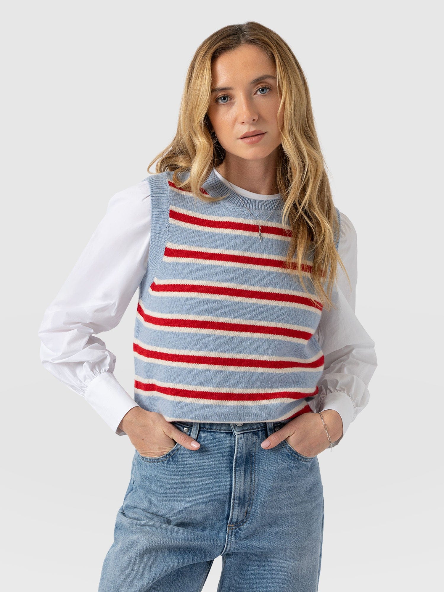 Oxford Cashmere Sleeveless Knit - Blue Stripe - Women's Jumpers | Saint + Sofia® UK