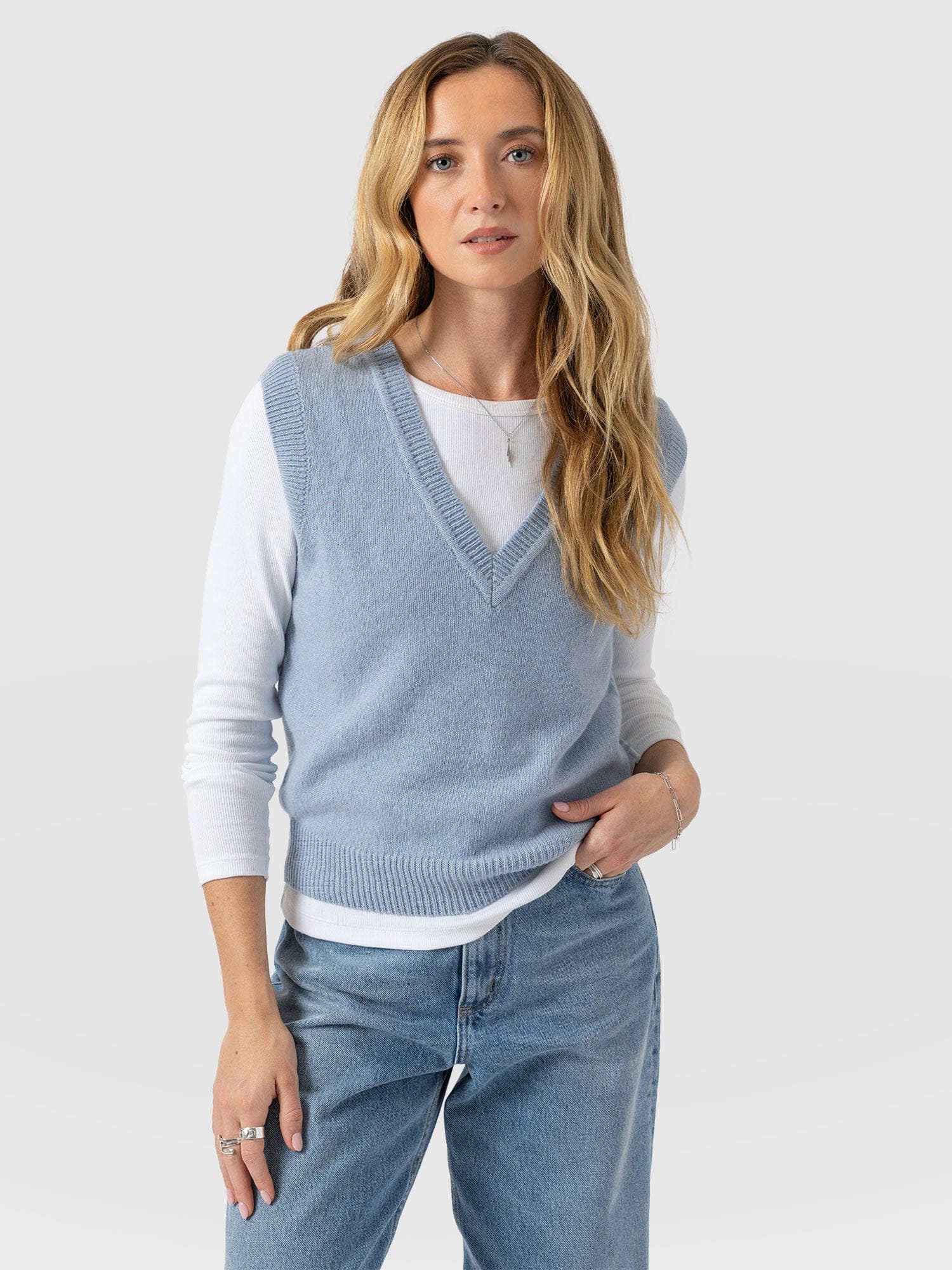 Oxford Cashmere V Neck Sleeveless Knit - Blue - Women's Jumpers | Saint + Sofia® UK