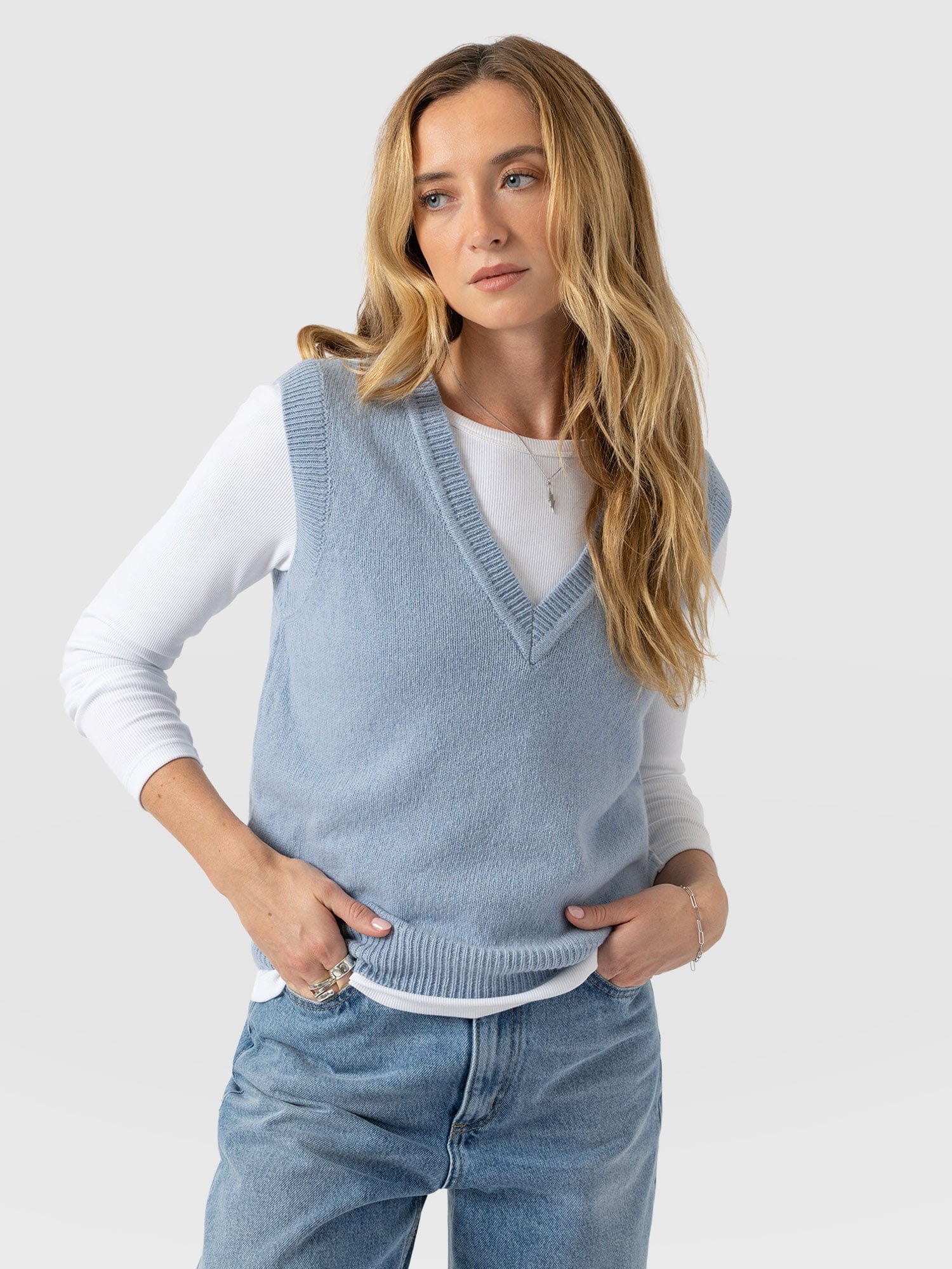 Oxford Cashmere V Neck Sleeveless Knit - Blue - Women's Jumpers | Saint + Sofia® UK