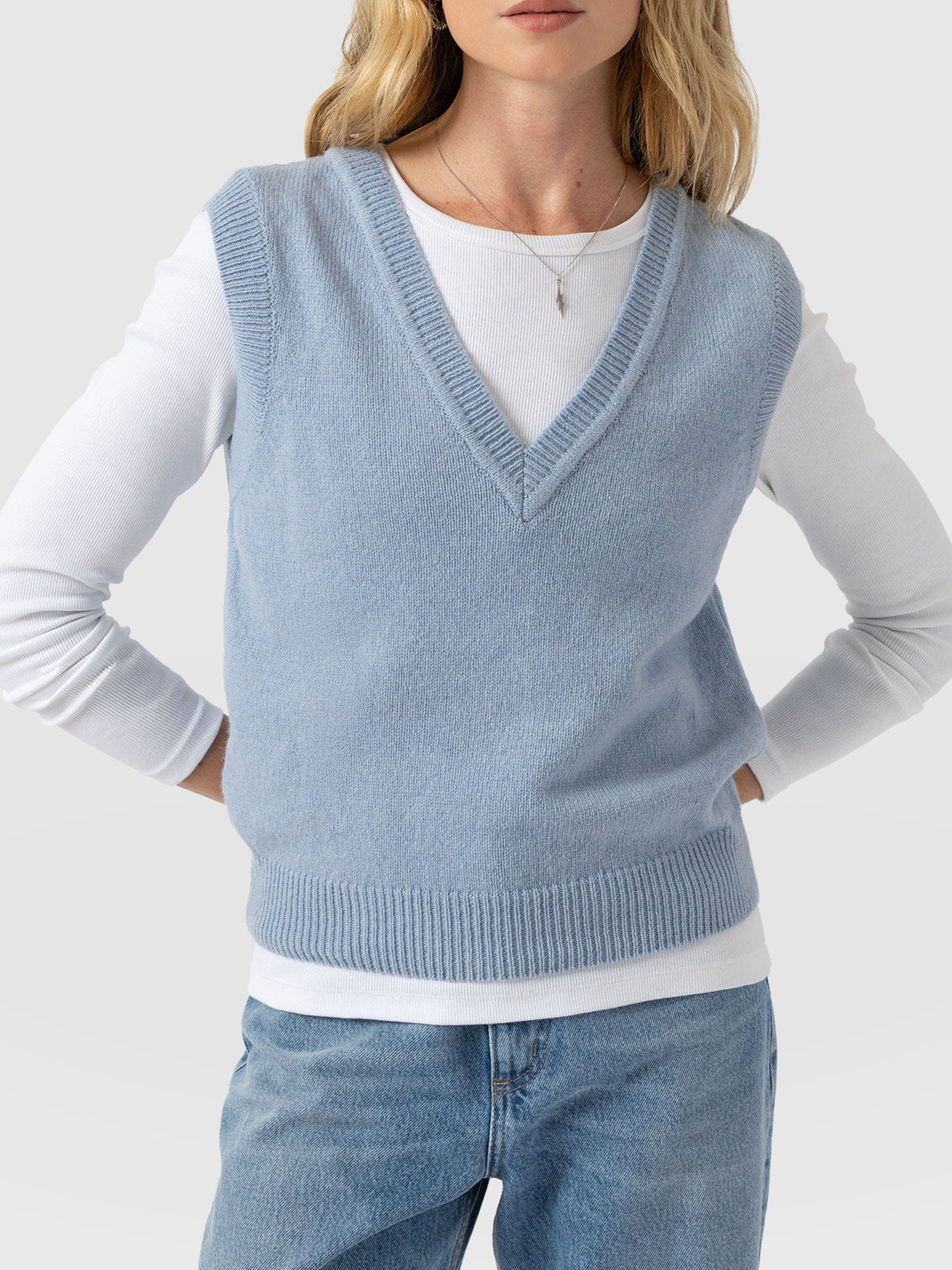 Oxford Cashmere V Neck Sleeveless Knit - Blue - Women's Jumpers | Saint + Sofia® UK
