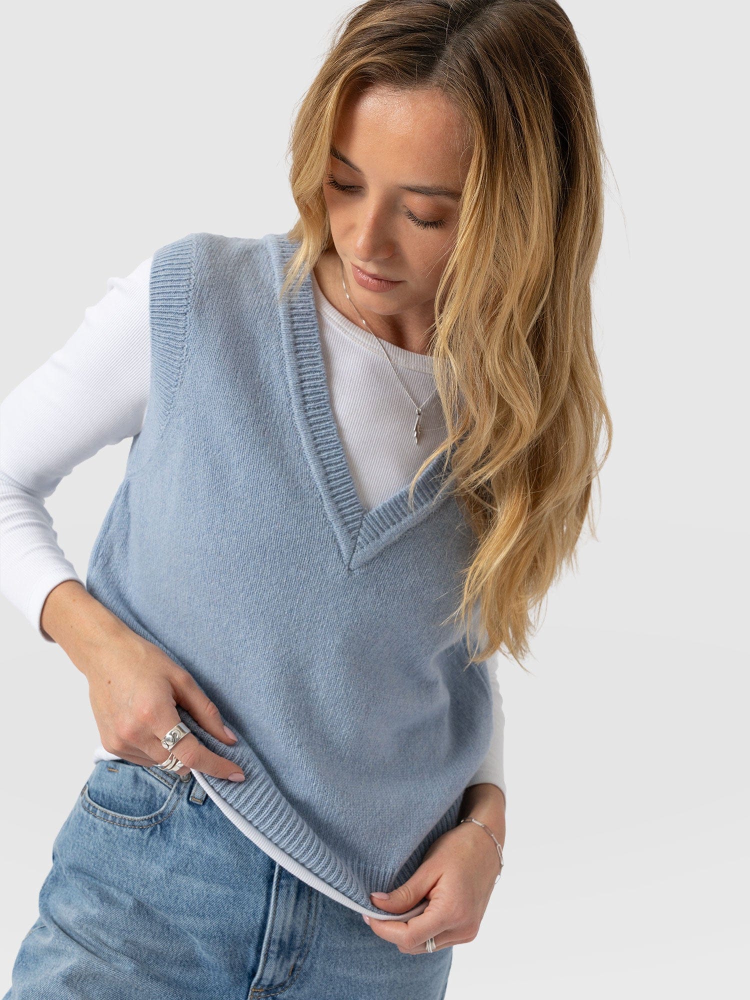 Oxford Cashmere V Neck Sleeveless Knit - Blue - Women's Jumpers | Saint + Sofia® UK