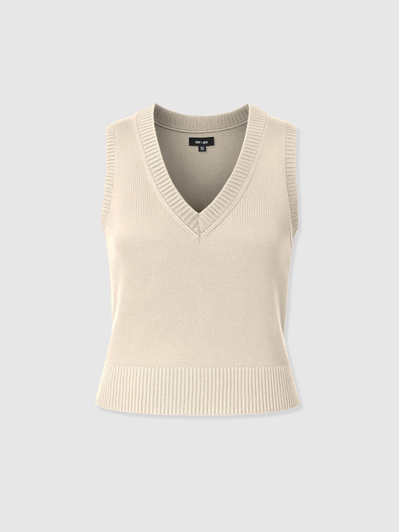 Oxford Cashmere V Neck Sleeveless Knit - Cream