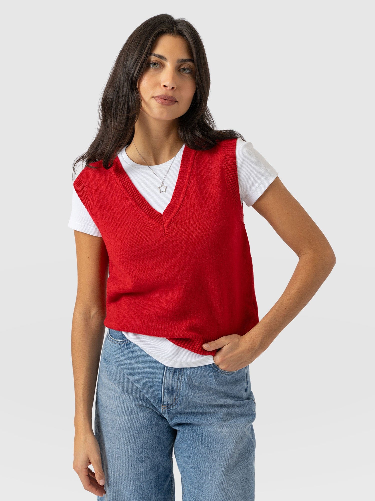 Oxford Cashmere V Neck Sleeveless Knit - Red - Women's Jumpers | Saint + Sofia® UK