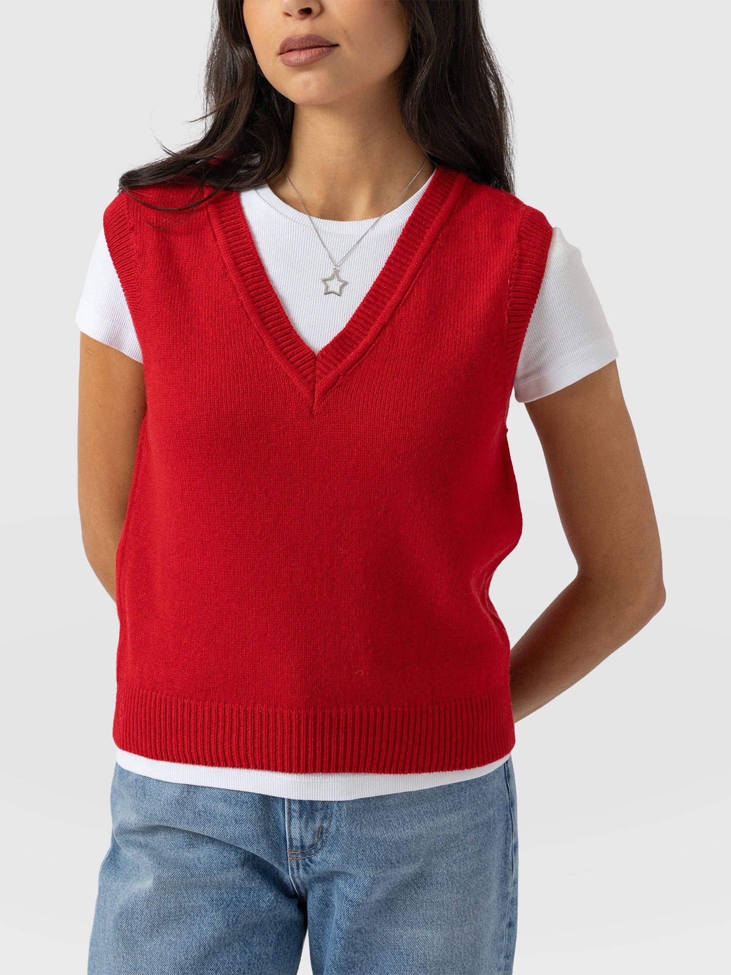 Oxford Cashmere V Neck Sleeveless Knit - Red - Women's Jumpers | Saint + Sofia® UK