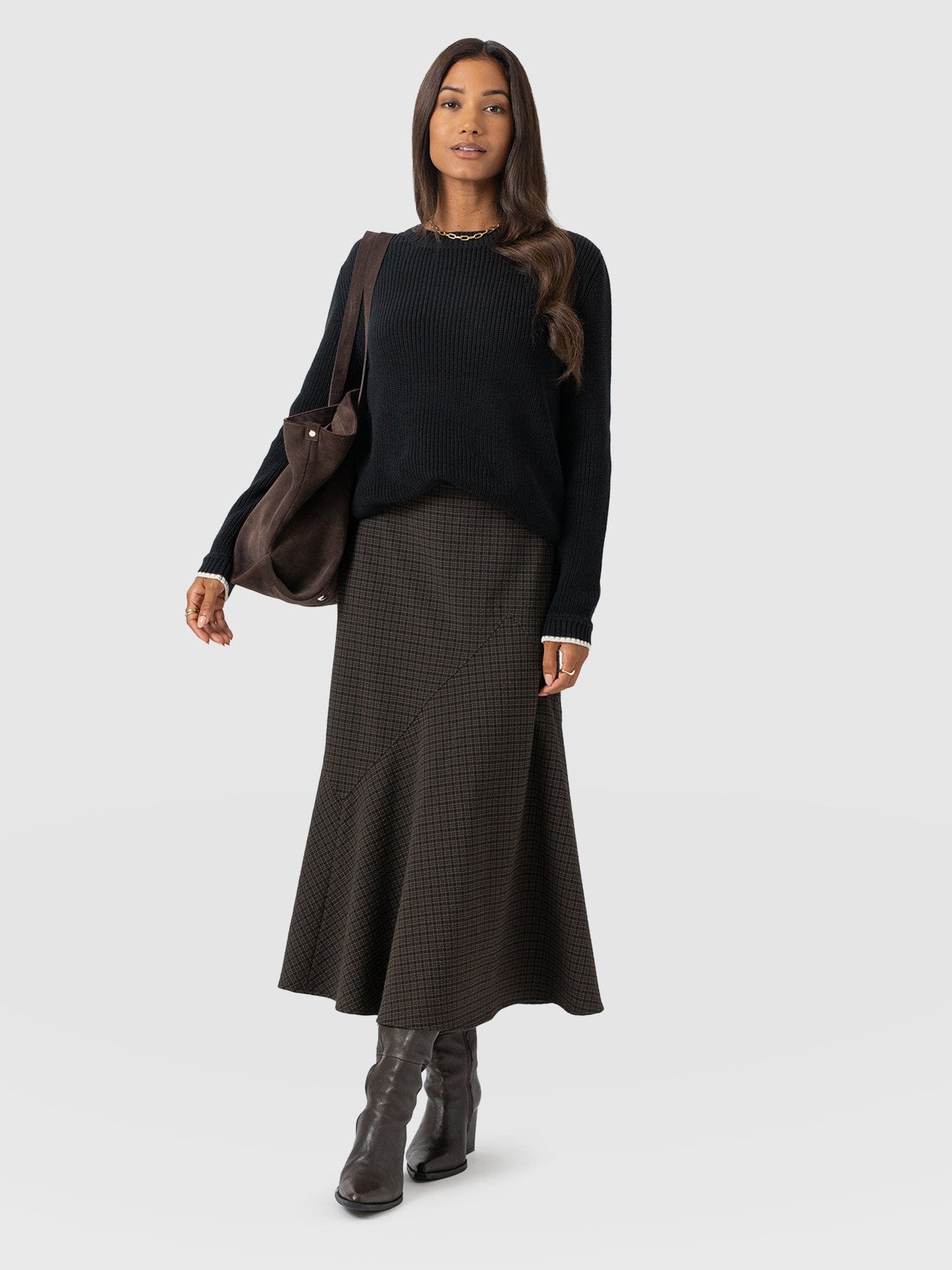 Piper Panelled Skirt - Brown Check - Women's Skirts | Saint + Sofia® UK