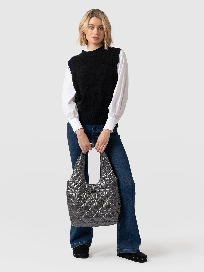 Quilted Stella Shoulder Tote Bag - Gunmetal