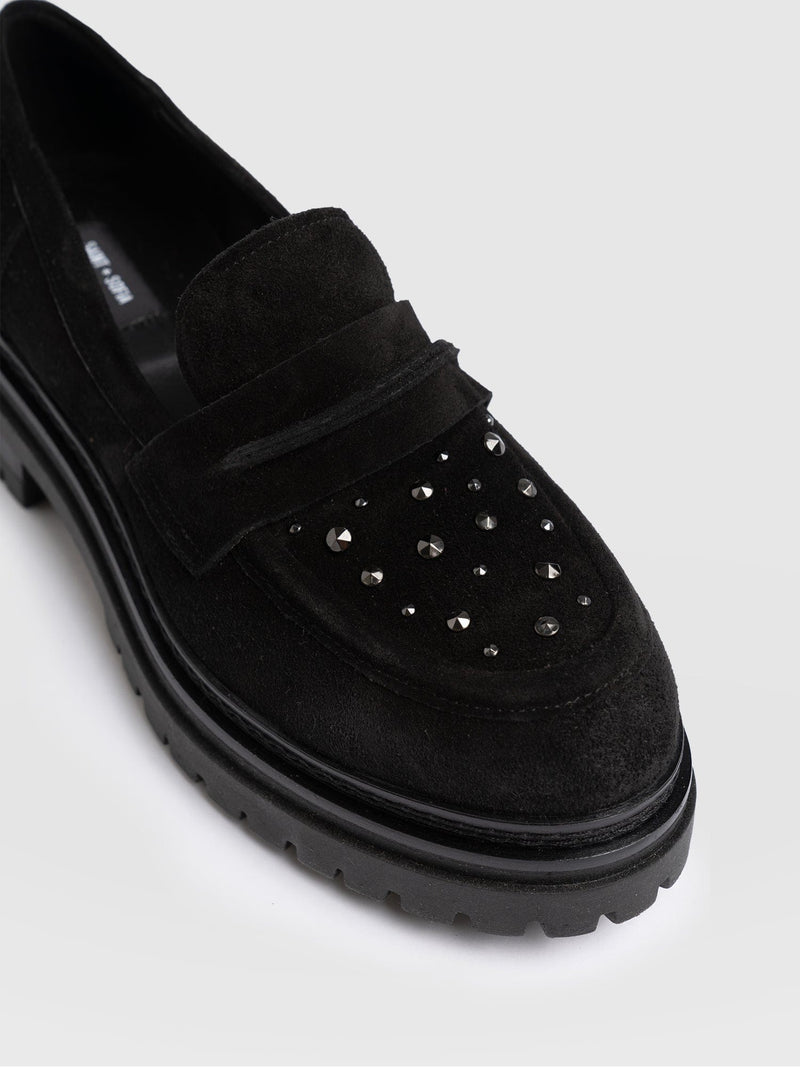 Raine Studded Loafer - Black Suede