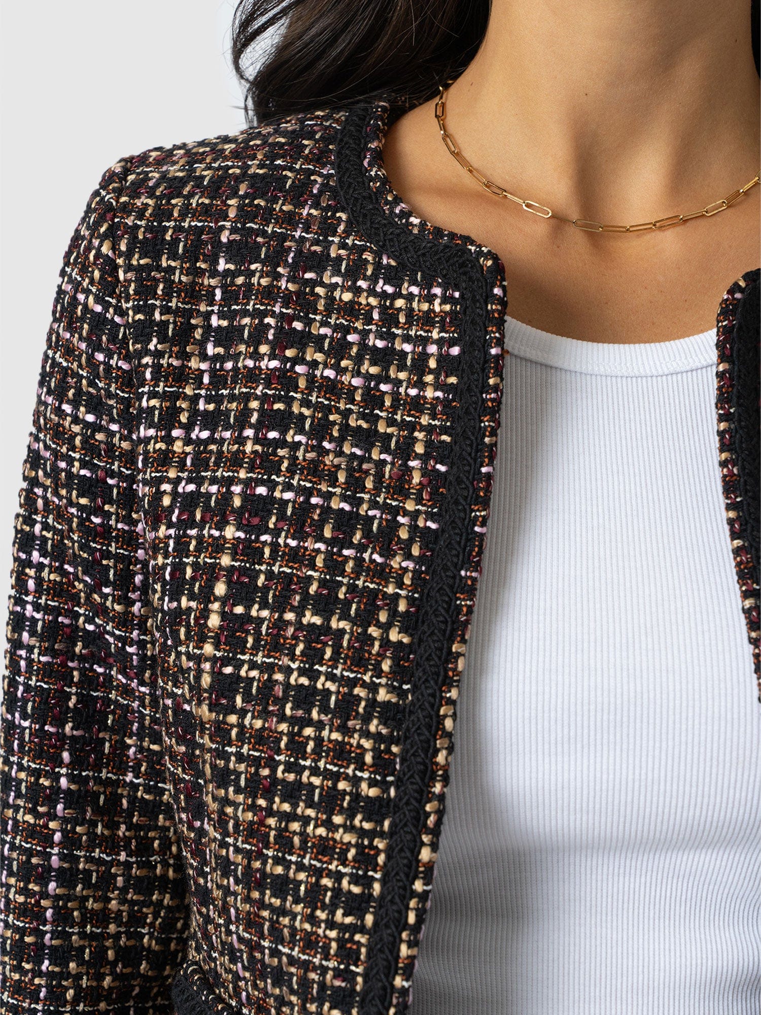 Rayner Jacket - Black/Burgundy/Gold Boucle - Women's Jackets | Saint + Sofia® UK