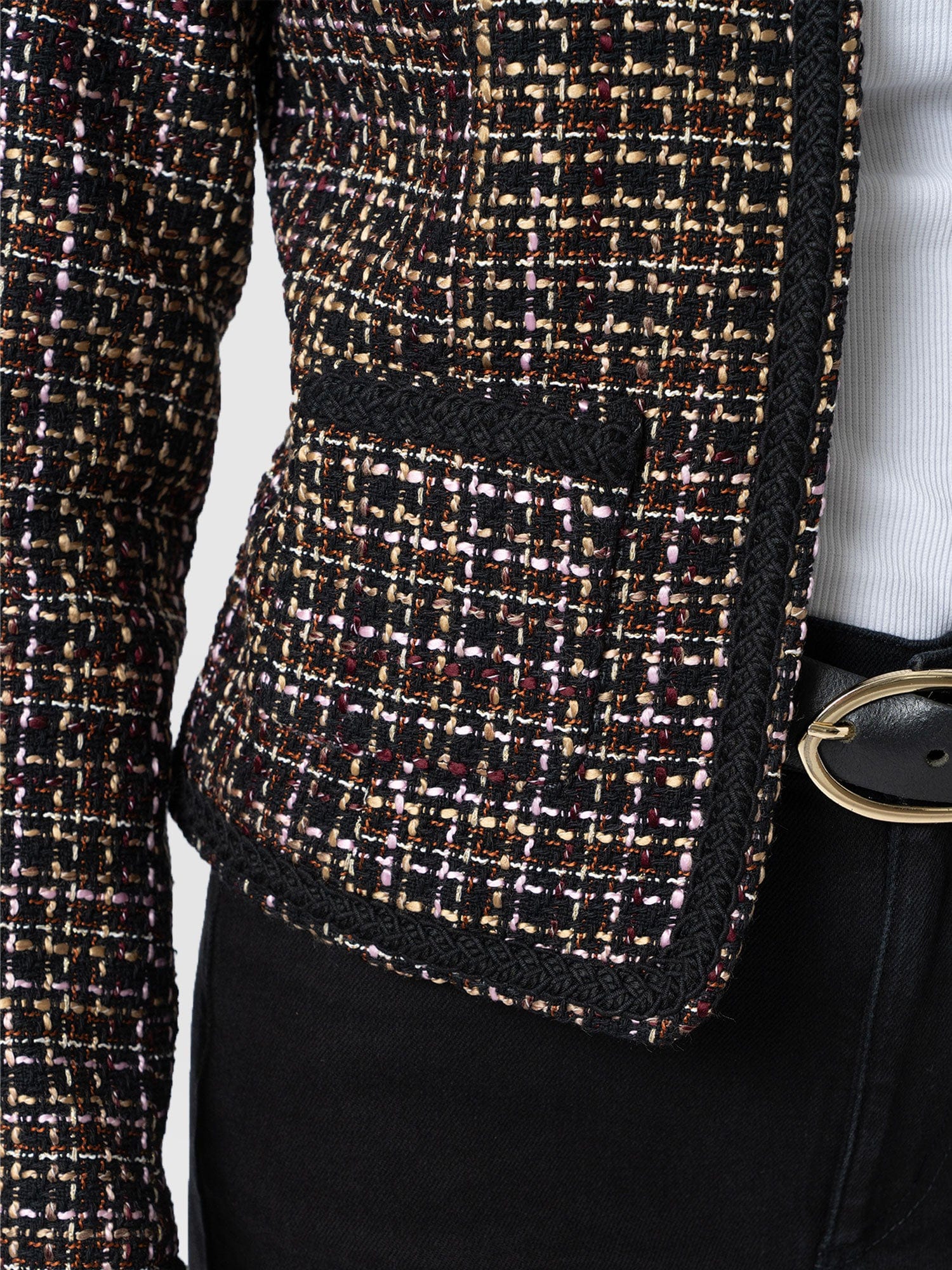 Rayner Jacket - Black/Burgundy/Gold Boucle - Women's Jackets | Saint + Sofia® UK