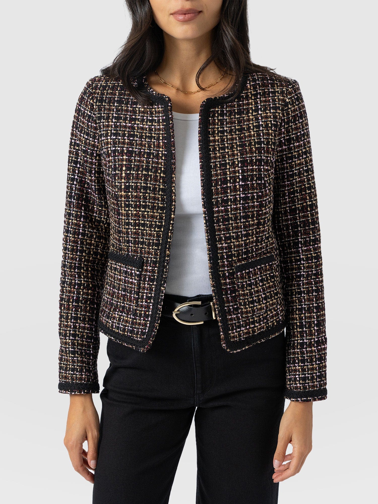 Rayner Jacket - Black/Burgundy/Gold Boucle - Women's Jackets | Saint + Sofia® UK