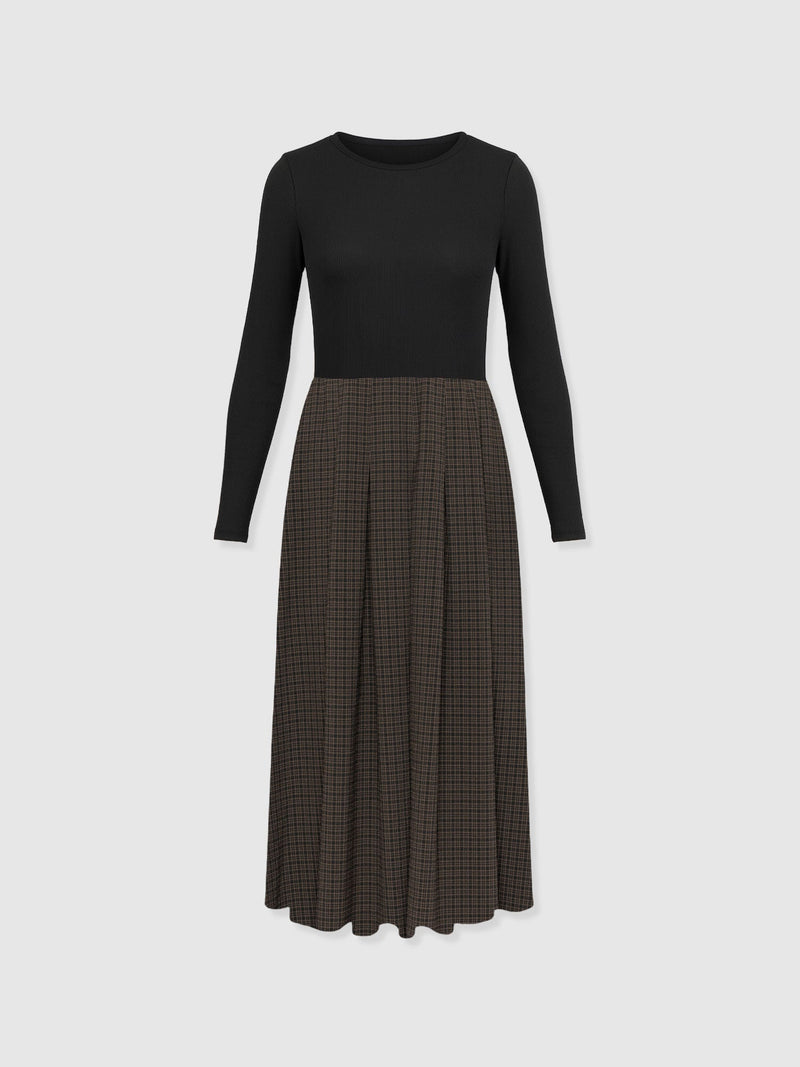 Renee Contrast Long Sleeve Dress - Brown Check - Women's Dresses | Saint + Sofia® UK