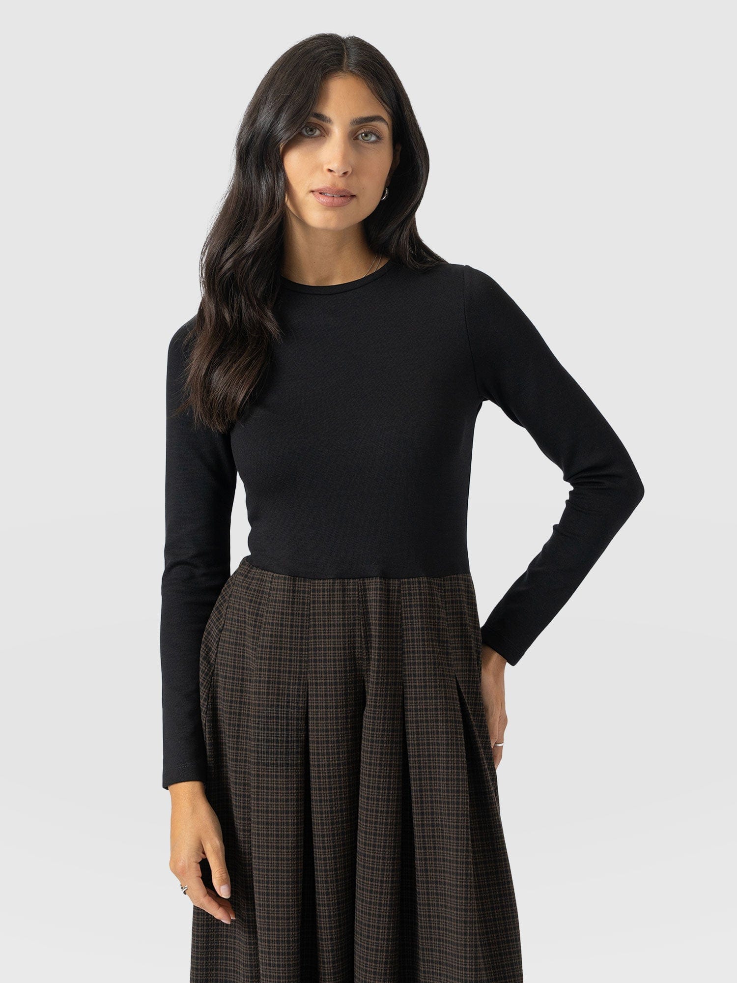 Renee Contrast Long Sleeve Dress - Brown Check - Women's Dresses | Saint + Sofia® UK