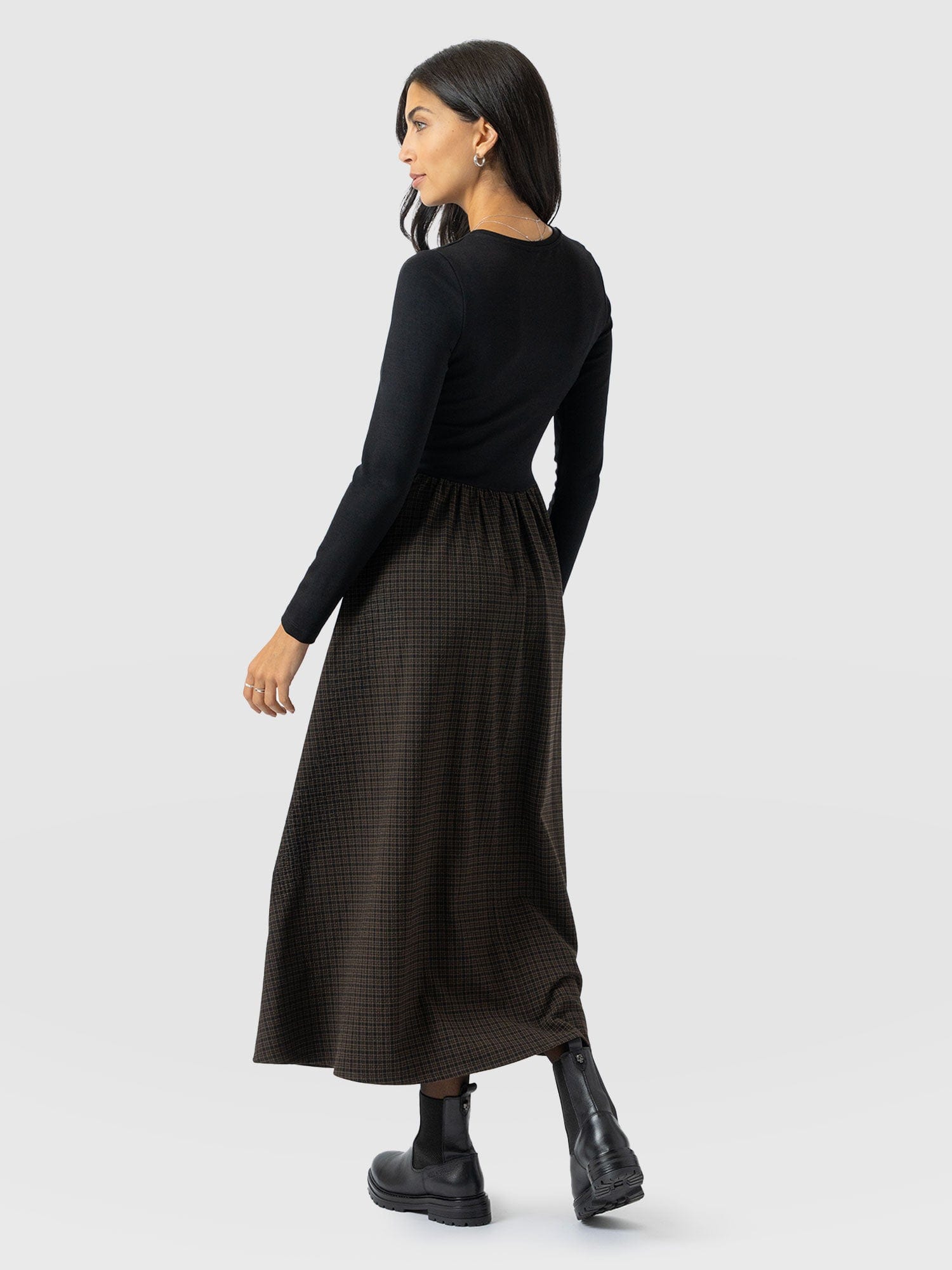 Renee Contrast Long Sleeve Dress - Brown Check - Women's Dresses | Saint + Sofia® UK