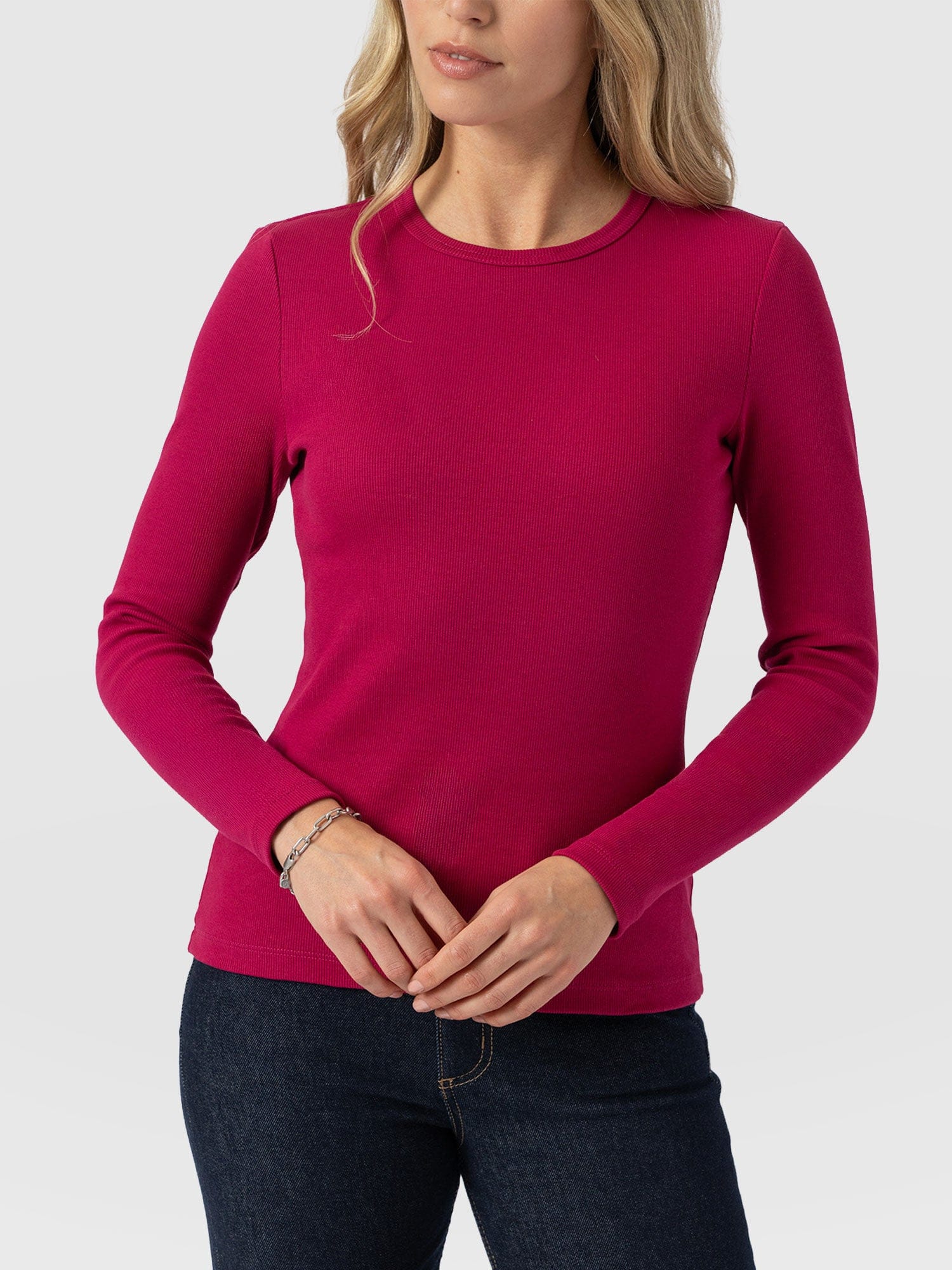 Ribbed Long Sleeve Tee - Fuchsia Pink
